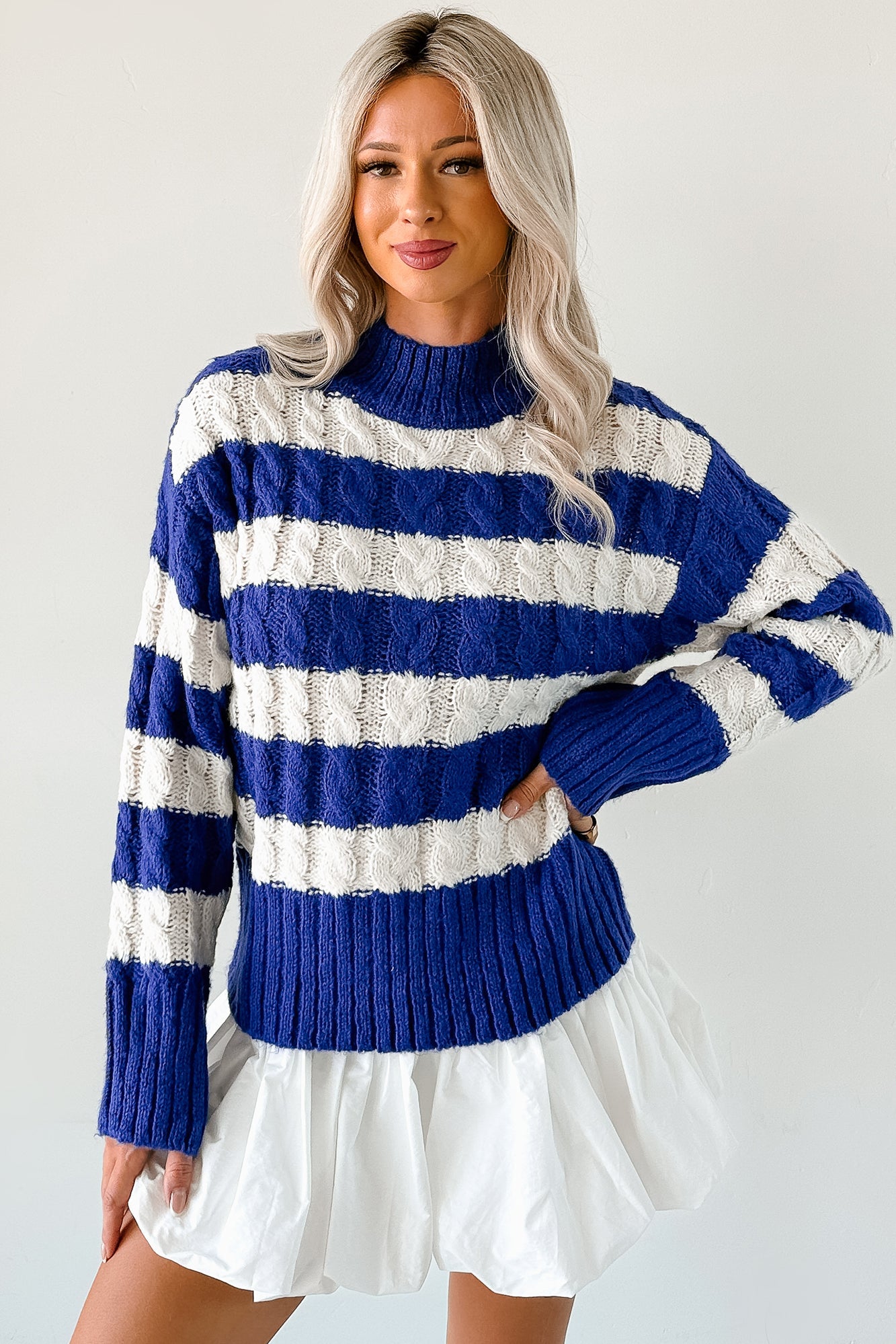 Restful Rhythm Cable Knit Striped Sweater (Royal)