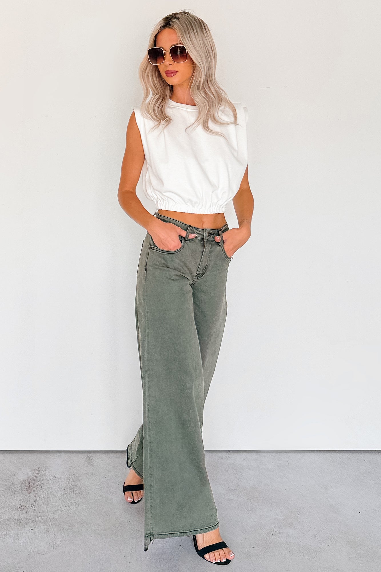 Valencia High Rise Wide Leg Mica Denim Jeans (Dark Green)