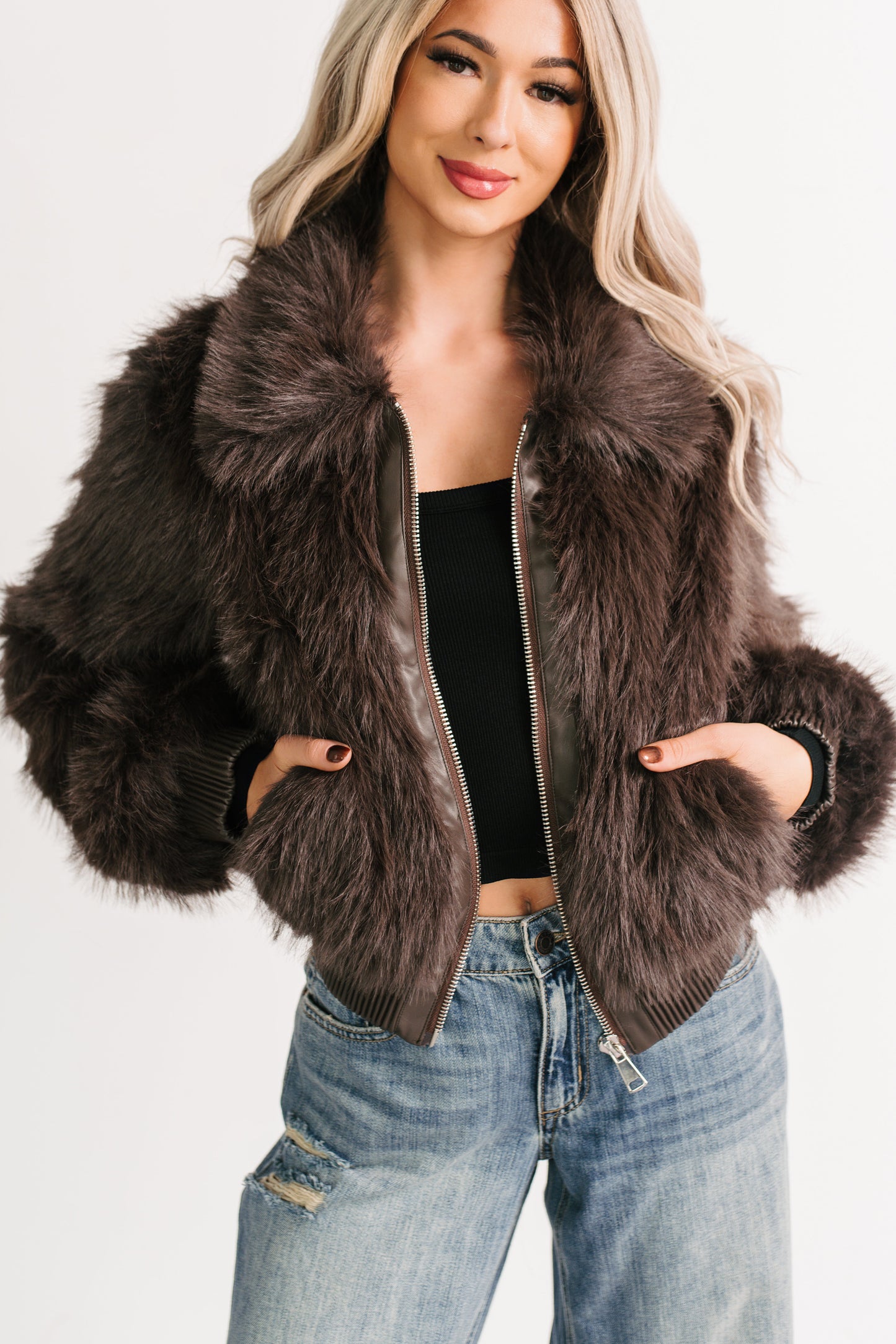 No Comparisons Faux Fur Plush Zip-Up Jacket (Brown)
