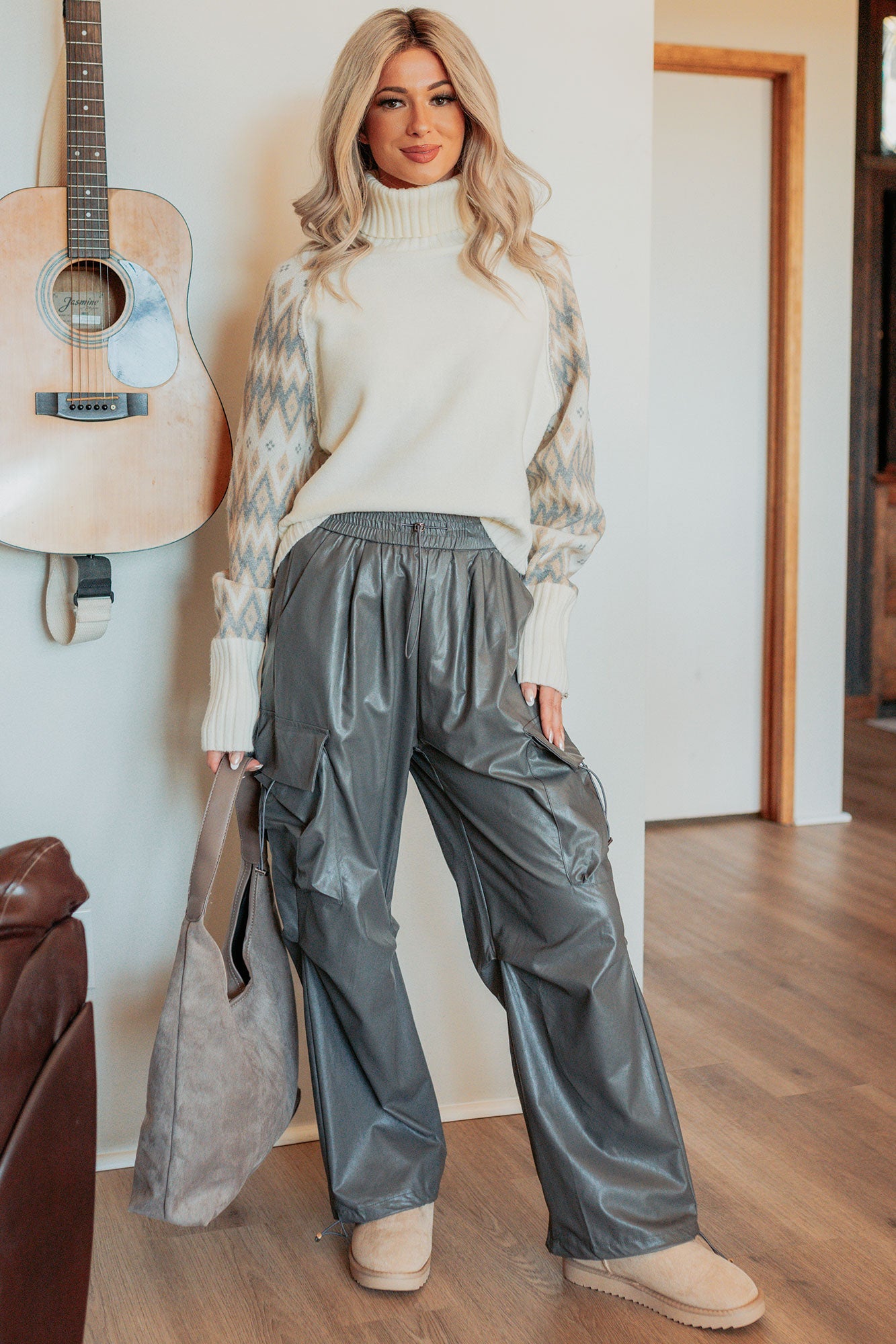 Don't Be Shy Faux Leather Cargo Pants (Grey)