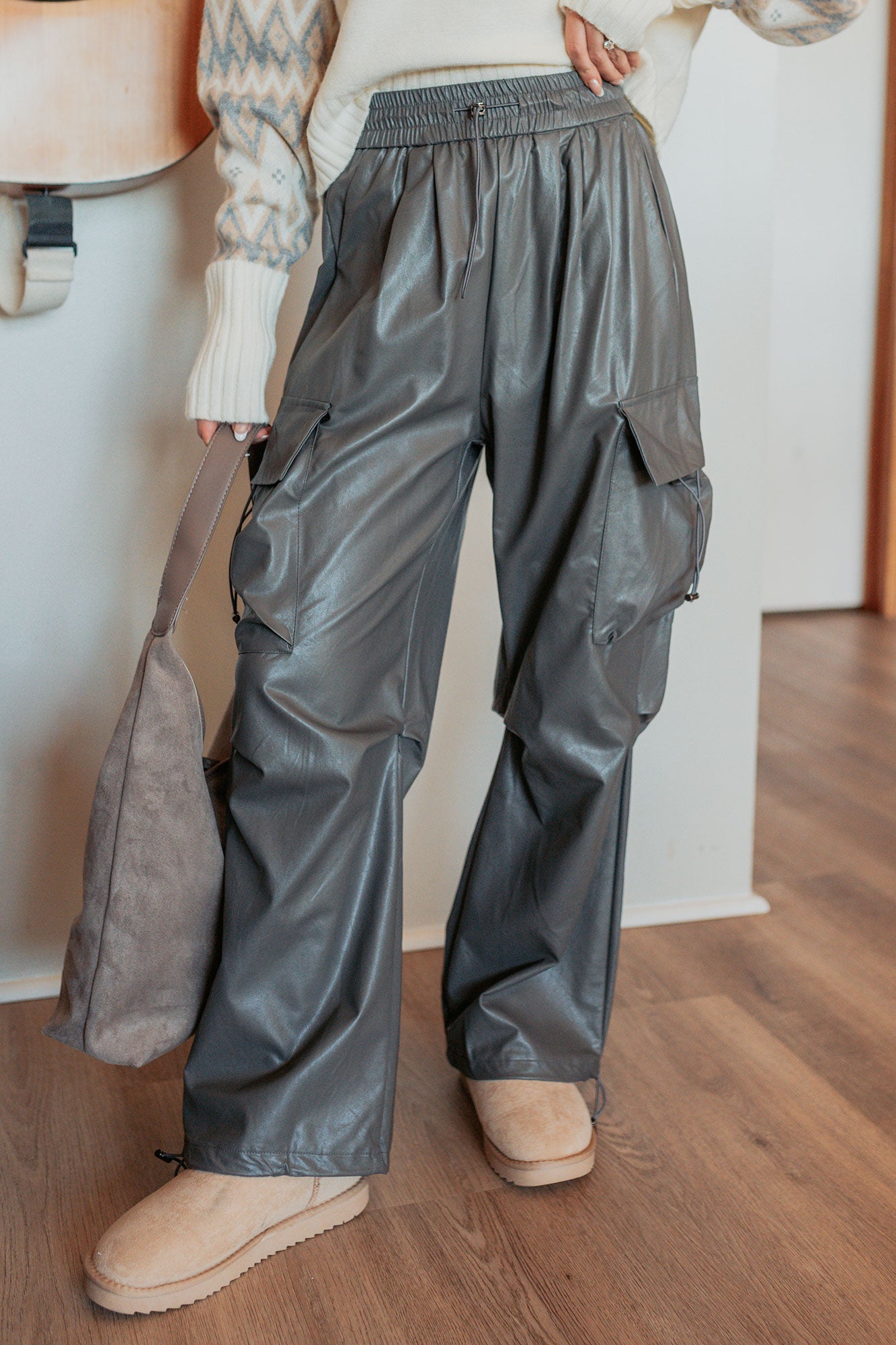 Don't Be Shy Faux Leather Cargo Pants (Grey)