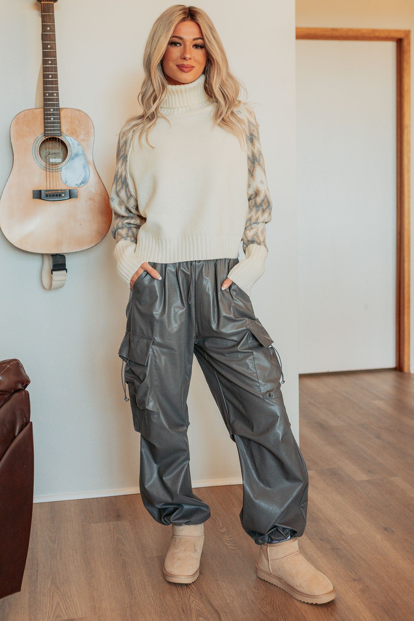 Don't Be Shy Faux Leather Cargo Pants (Grey)