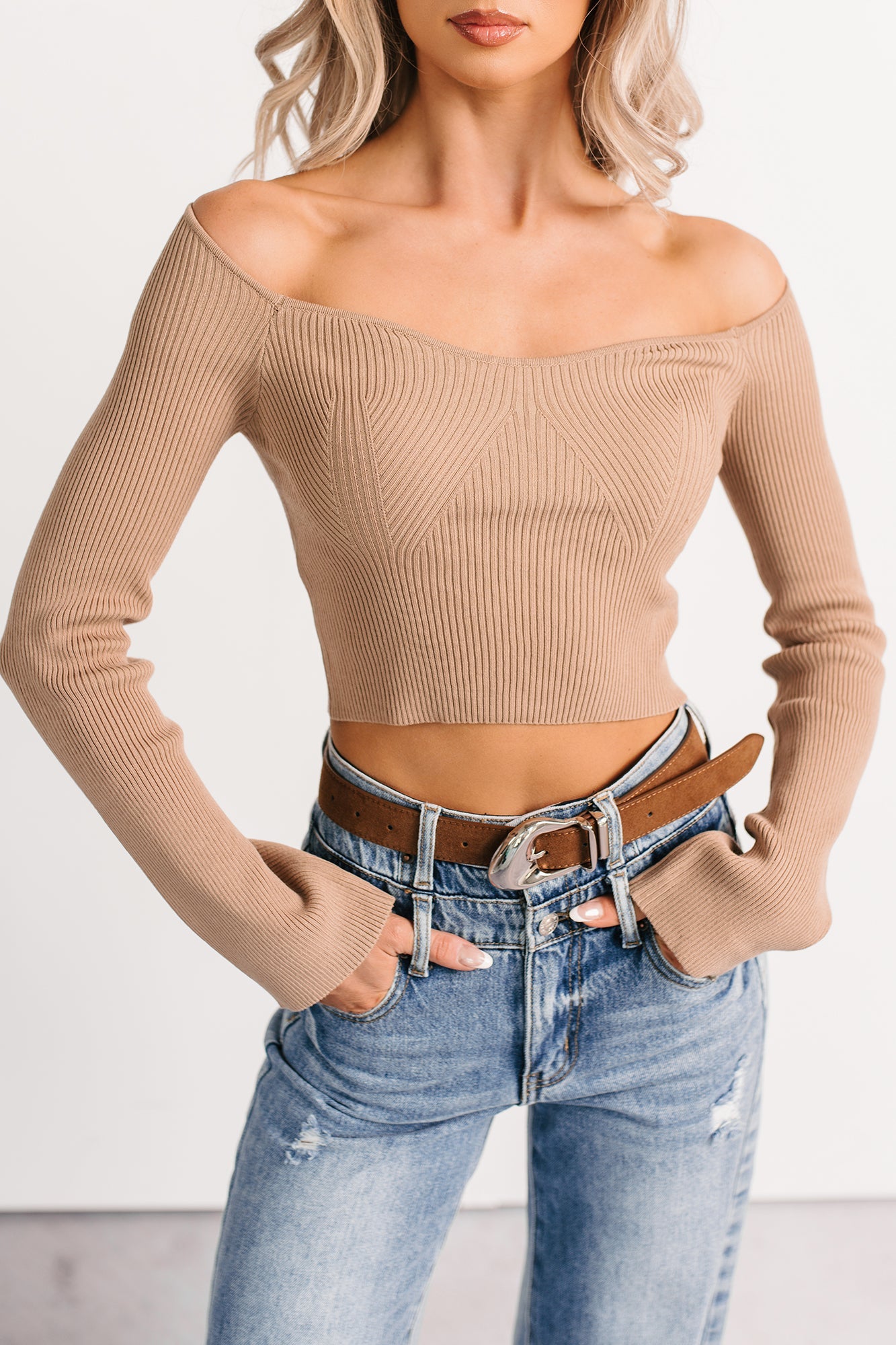 Cute As Ever Ribbed Long Sleeve Knit Crop Top (Camel)
