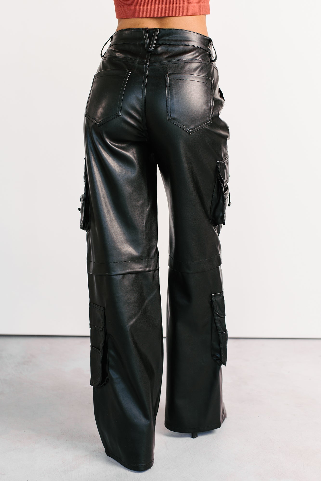 Burke Faux Leather Wide Leg Cargo Pants (Black)