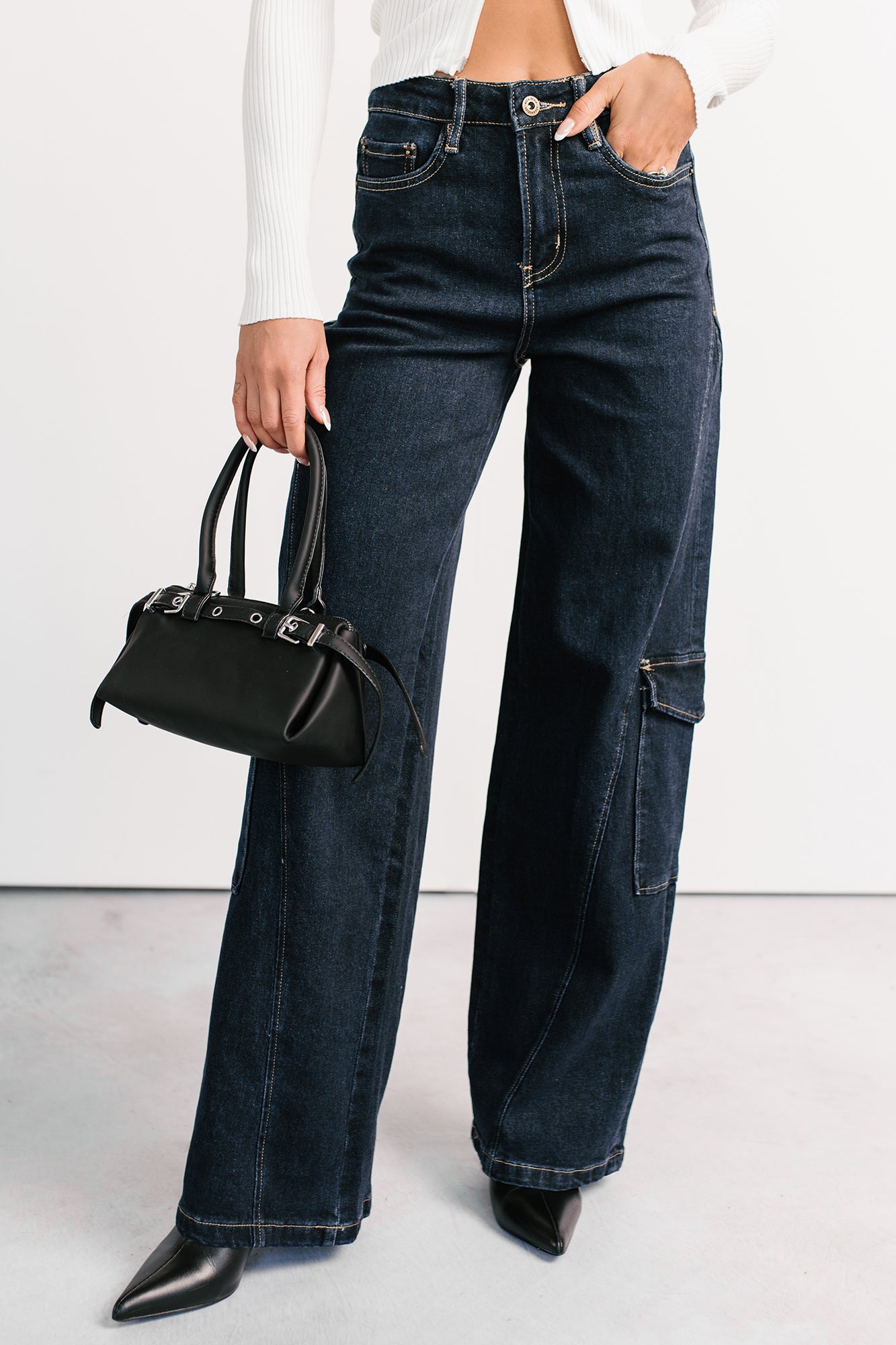 Crosby Wide Leg Mica Denim Cargo Jeans (Dark Wash)