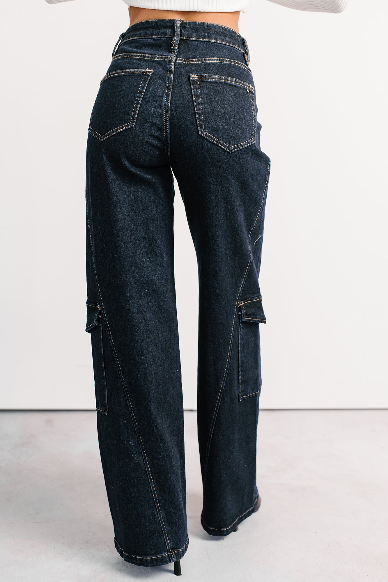 Crosby Wide Leg Mica Denim Cargo Jeans (Dark Wash)