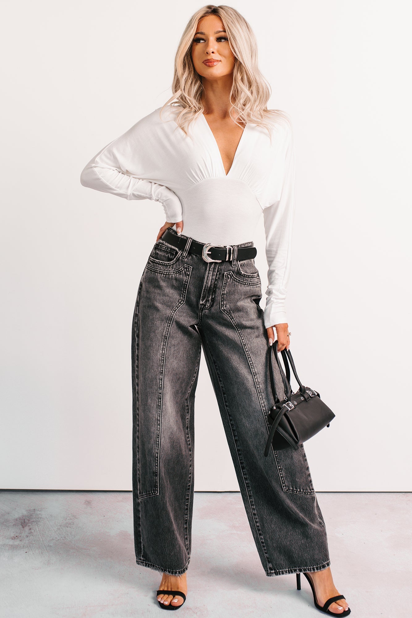 Last Looks Plunging V Neck Long Sleeve Bodysuit (Ivory)