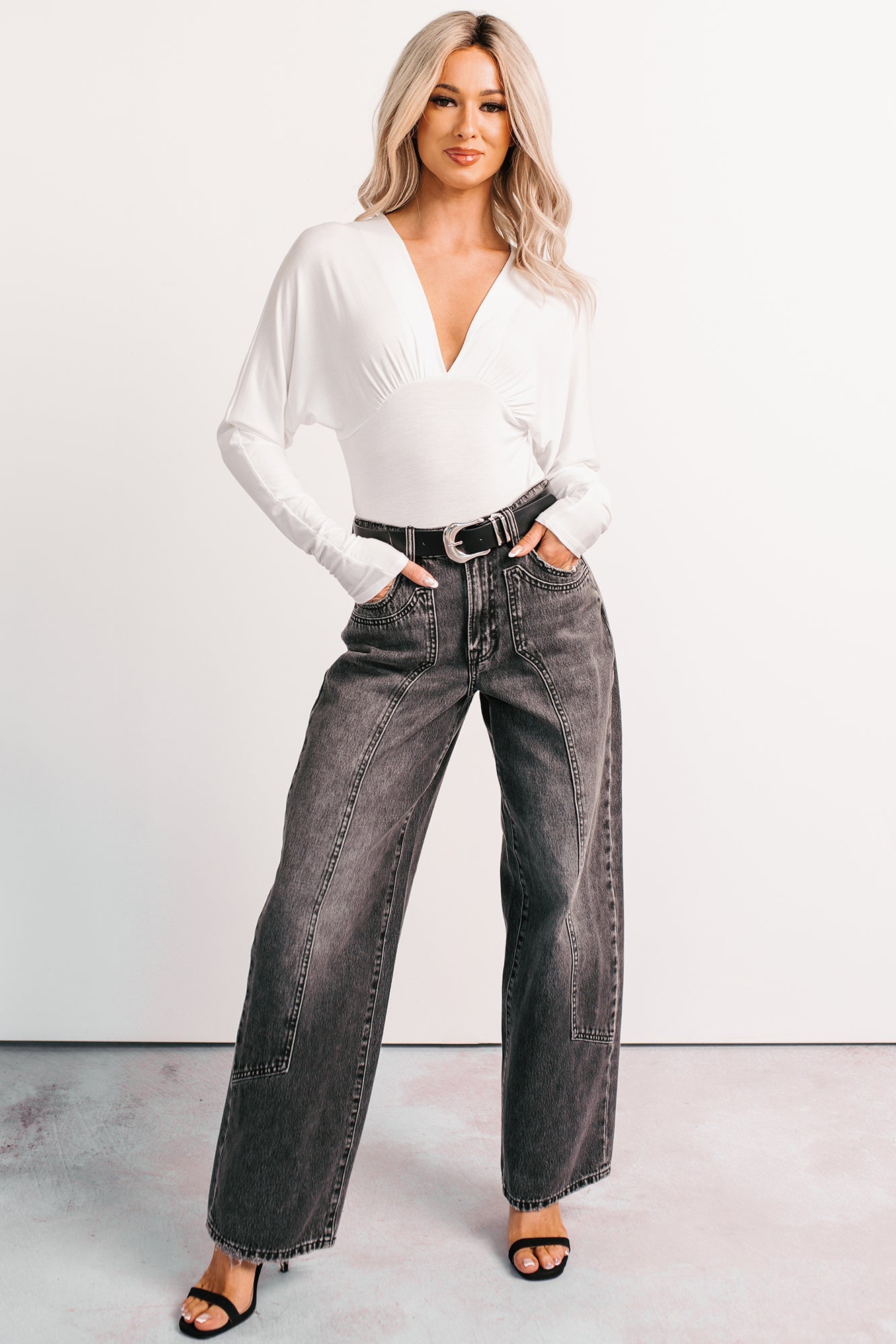 Last Looks Plunging V Neck Long Sleeve Bodysuit (Ivory)