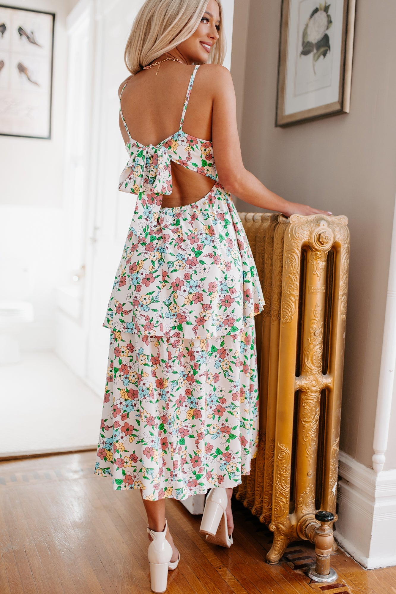 Flower Fields Tiered Floral Midi Dress (White Multi)
