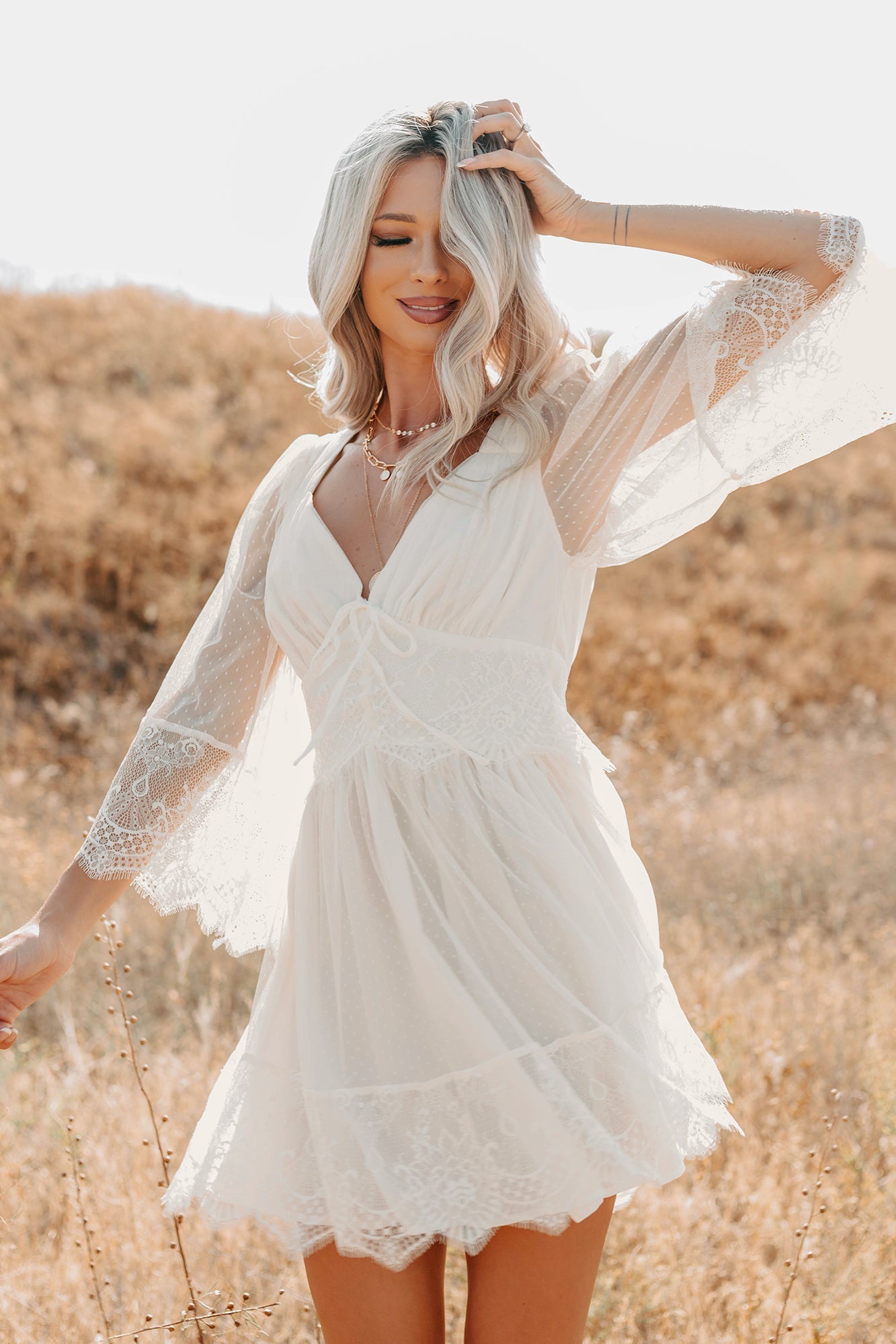 Ethereal Aura Dotted Mesh Mini Dress (Cream)