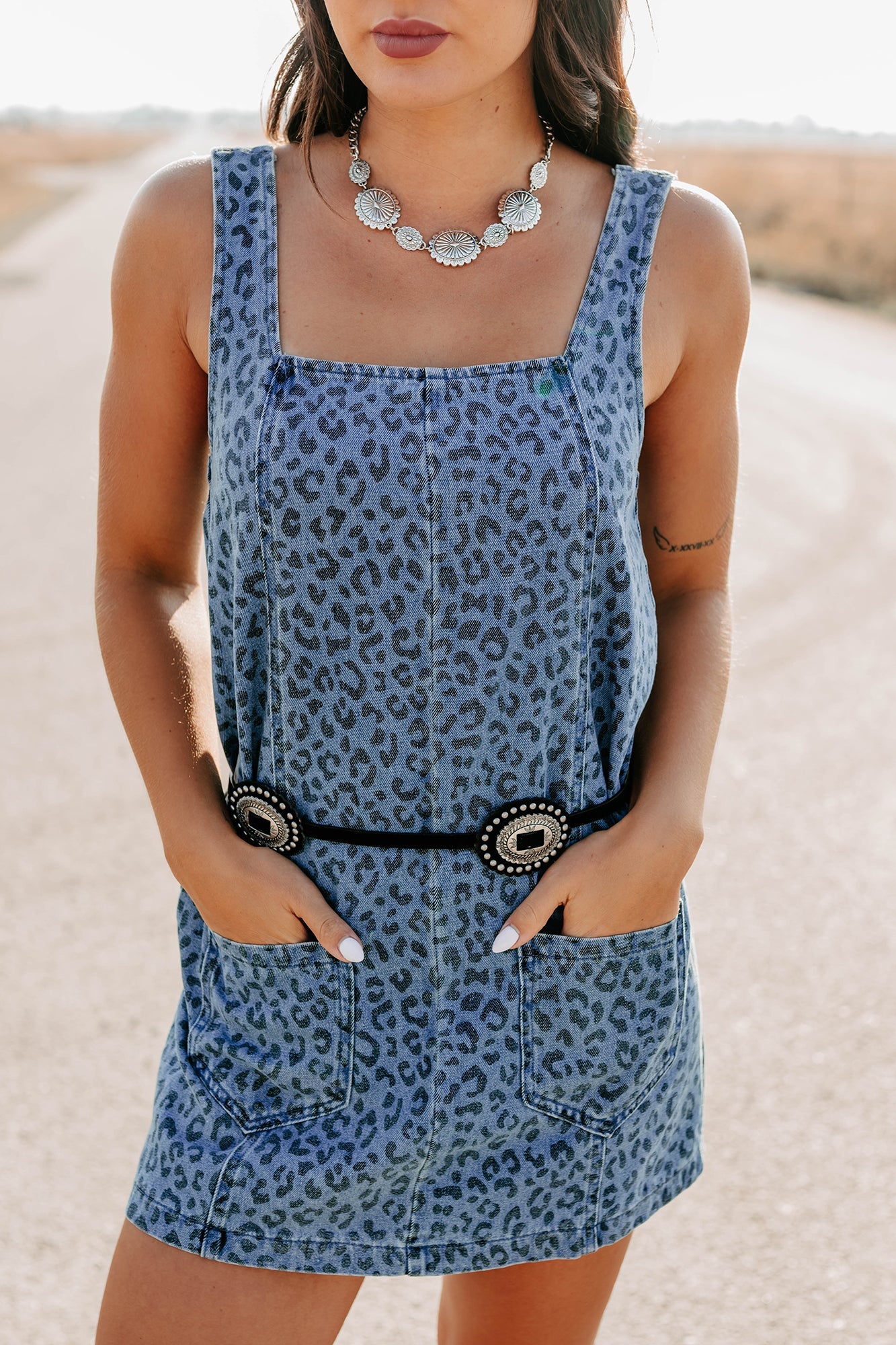 Kendrix Animal Print Denim Mini Dress (Denim Leopard)