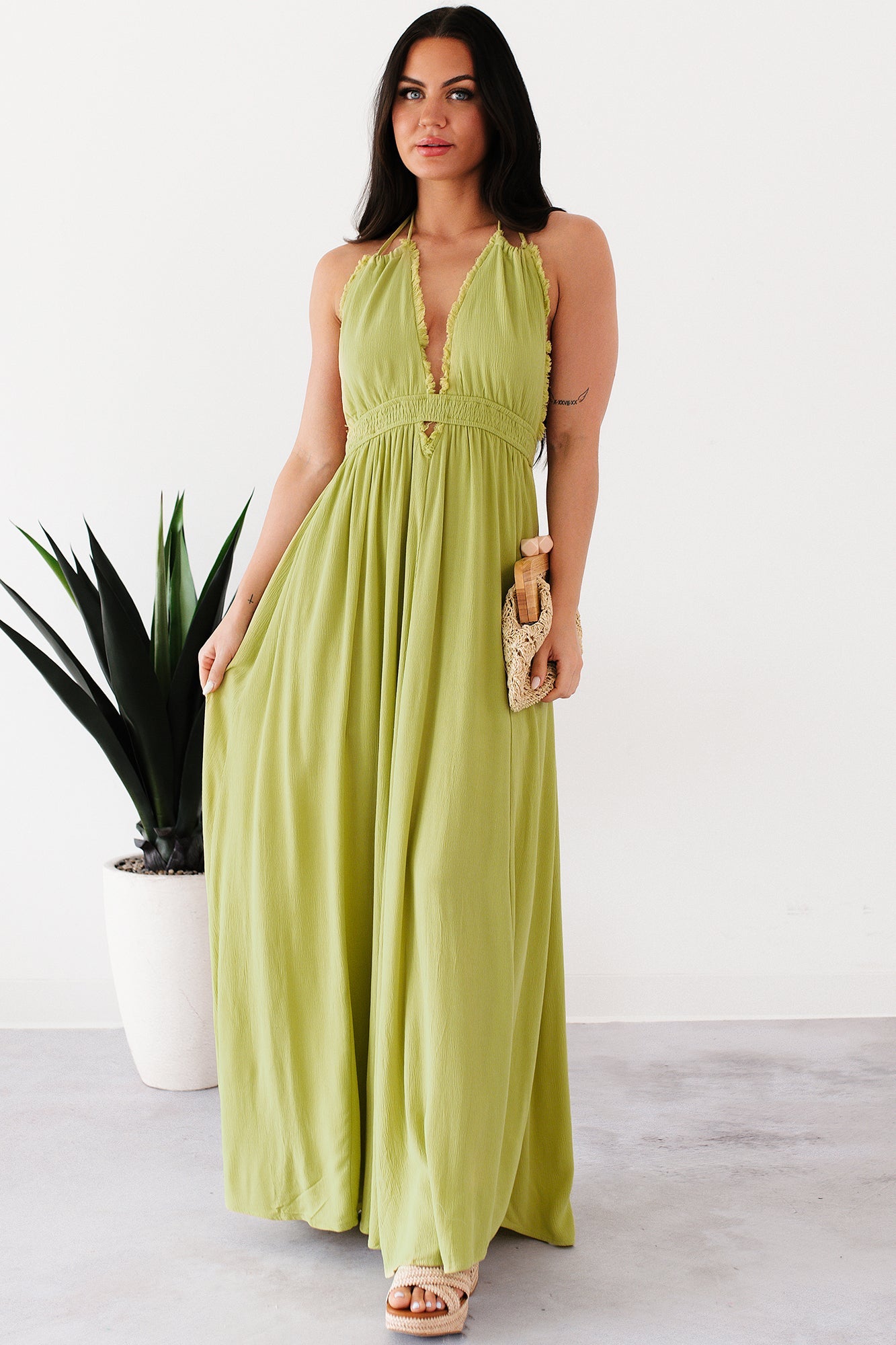 Chasing Glances Halter Maxi Dress (Matcha)