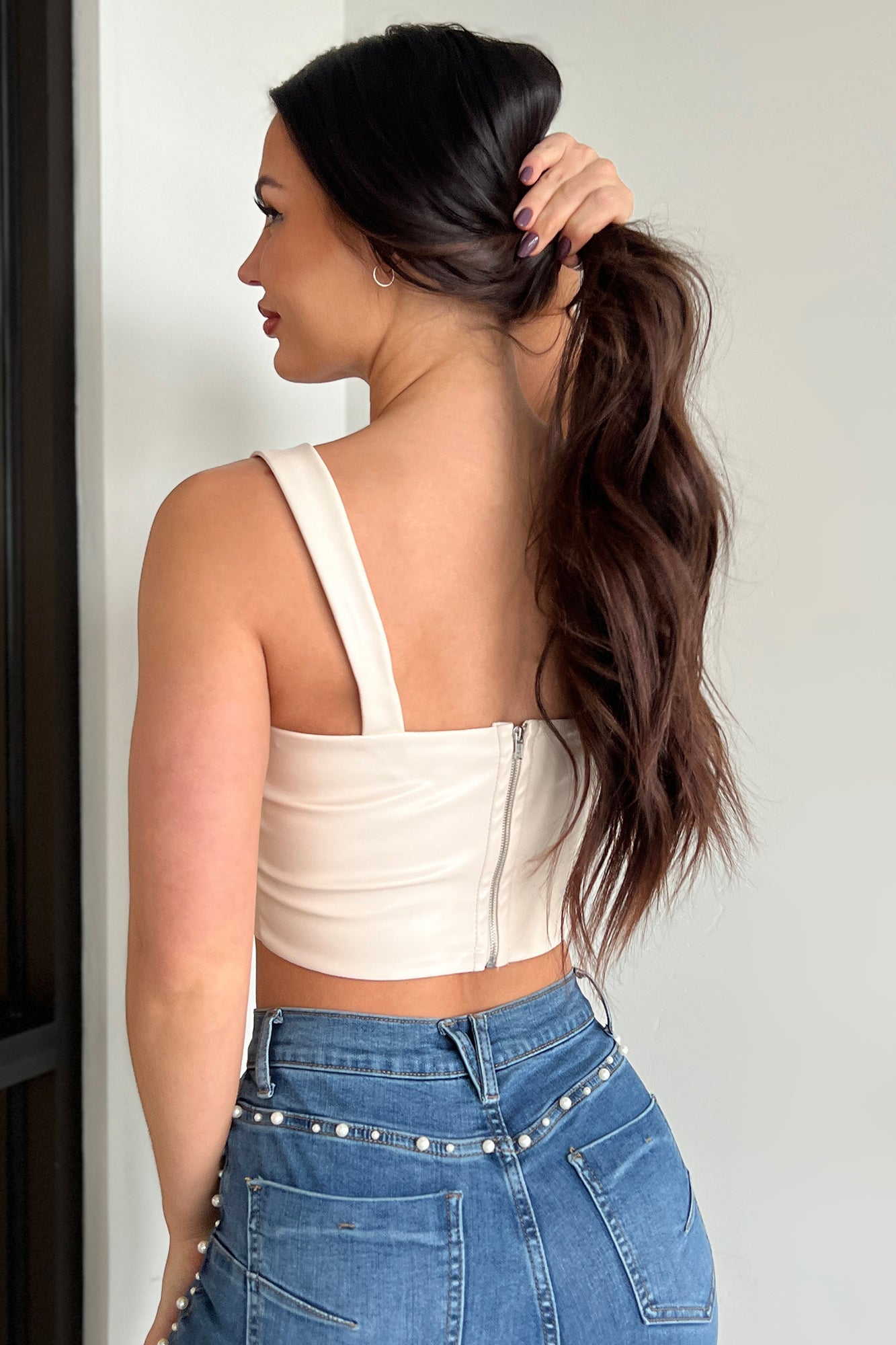 Memorable Encounter Faux Leather Crop Top (Ivory)
