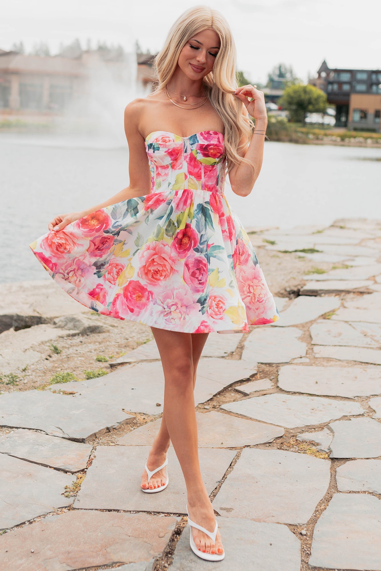Flora's Garden Strapless Floral Corset Mini Dress (Pink)