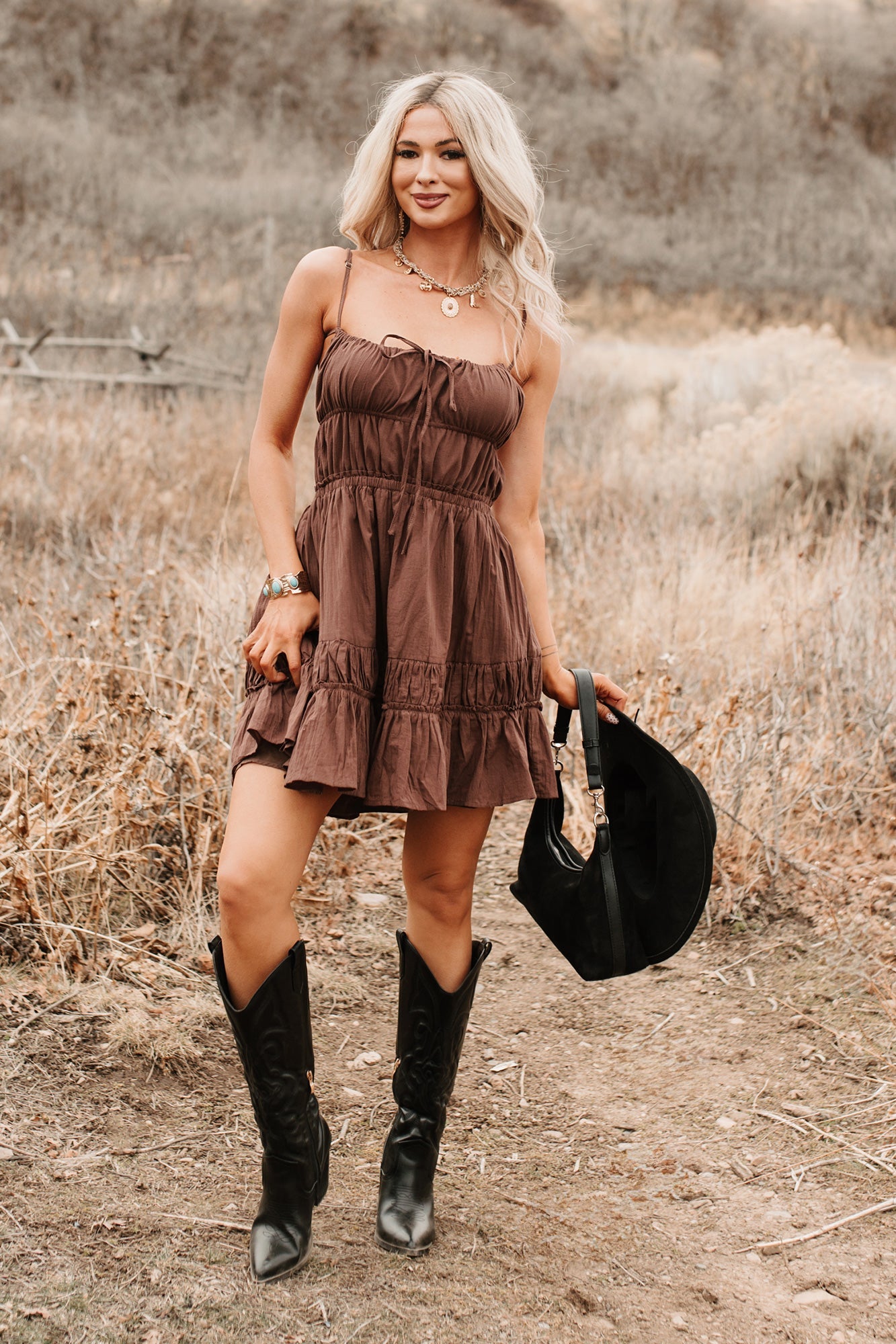 Lovely Intent Sleeveless Tiered Mini Dress (Chocolate)