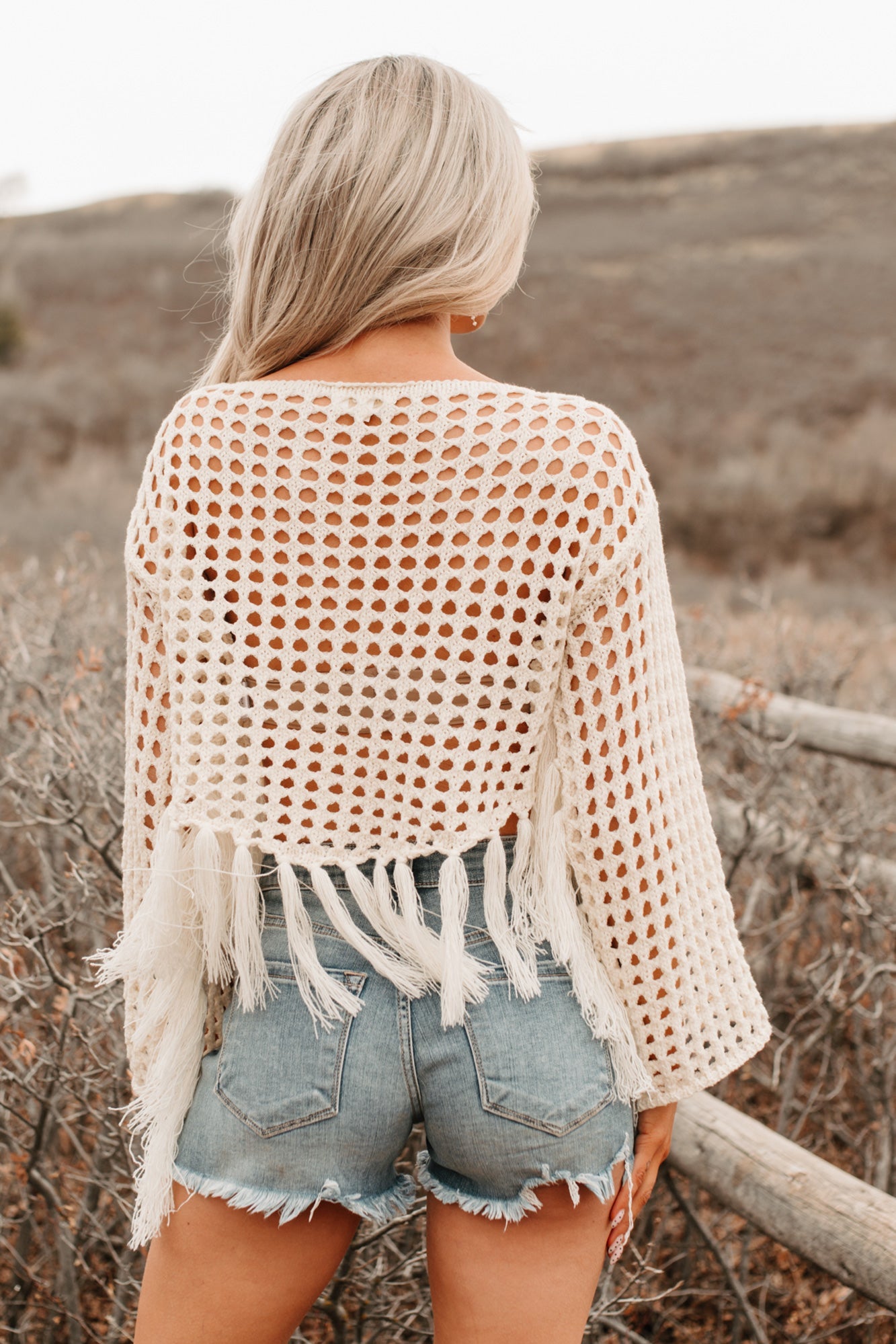 Open Skies Boatneck Crochet Sweater Fringe Top (Cream)
