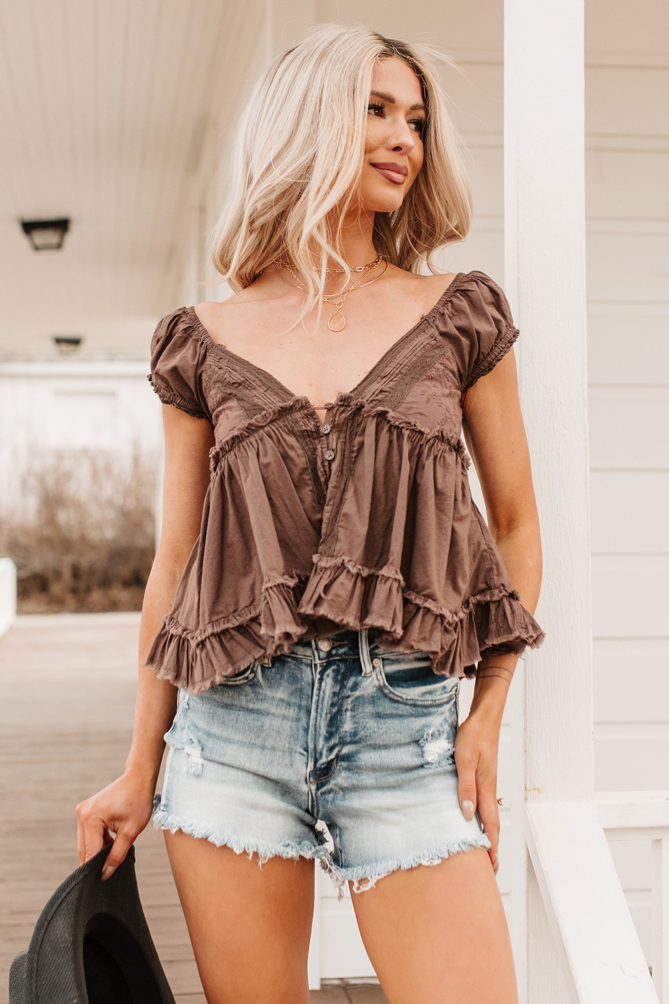 Just One Look Ruffle Babydoll Top (Brown)