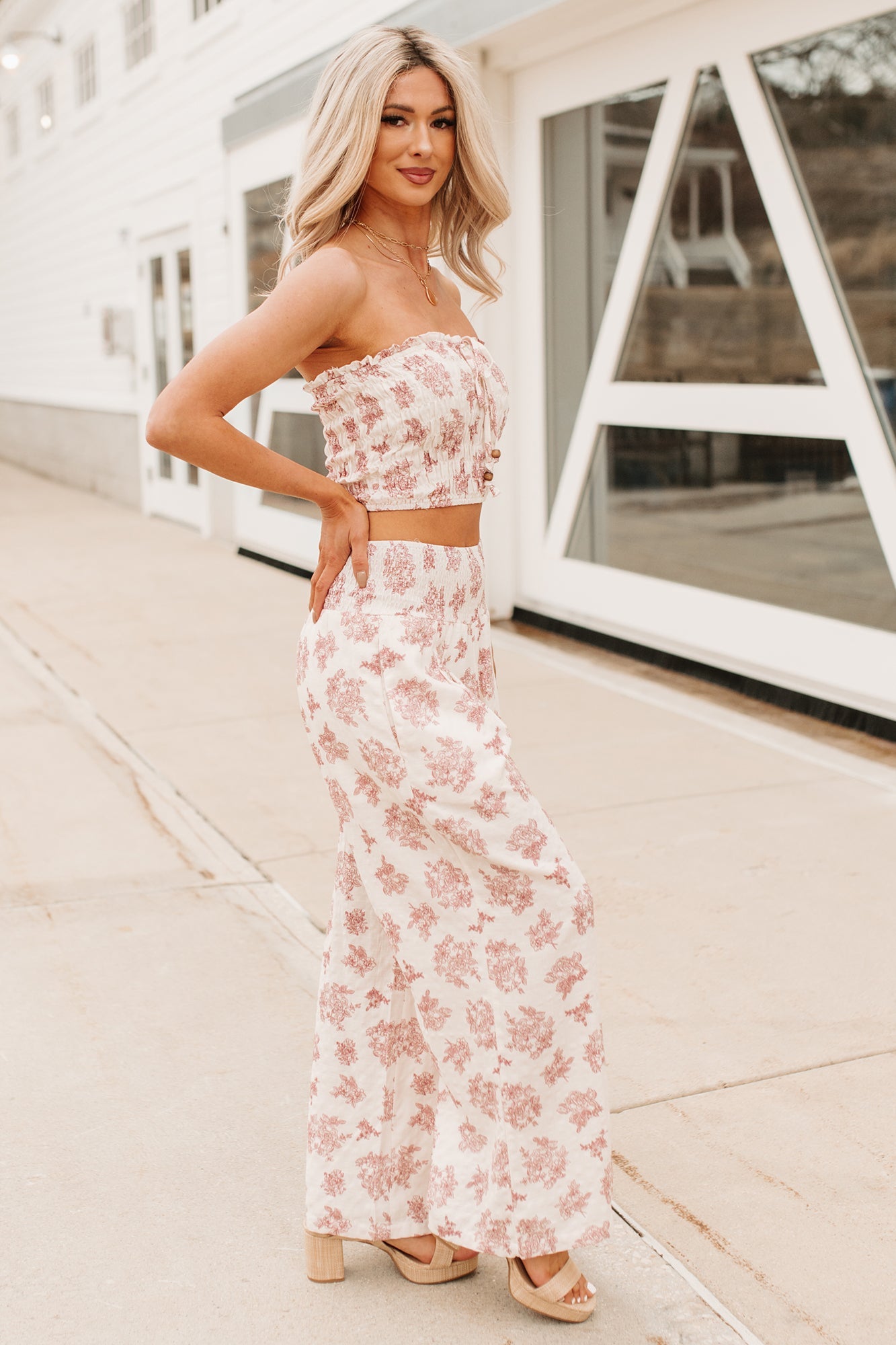 Sugar & Sunshine Floral Smocked Bandeau And Pants Set (Burgundy)