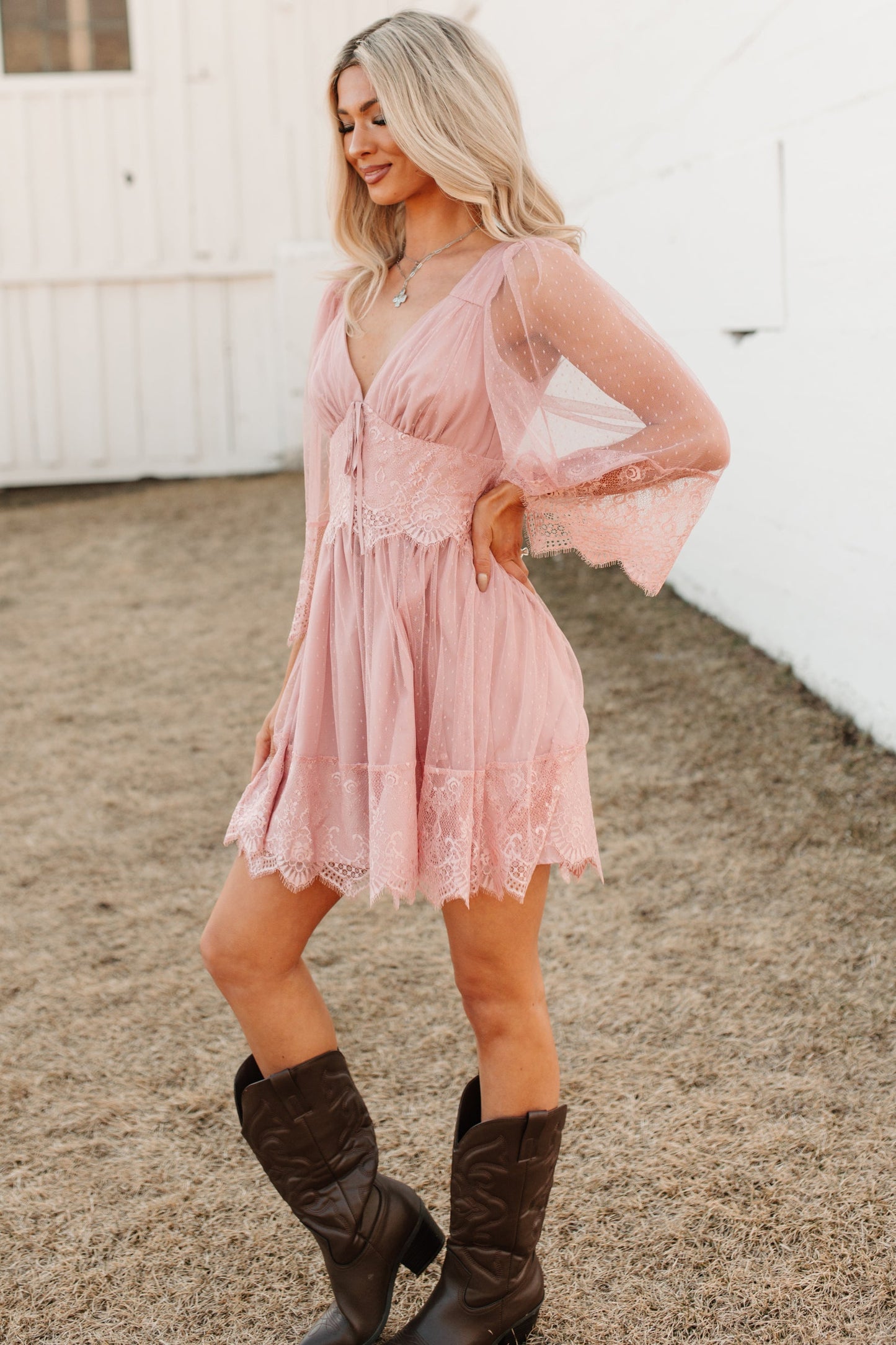 Ethereal Aura Dotted Mesh Mini Dress (Blush)