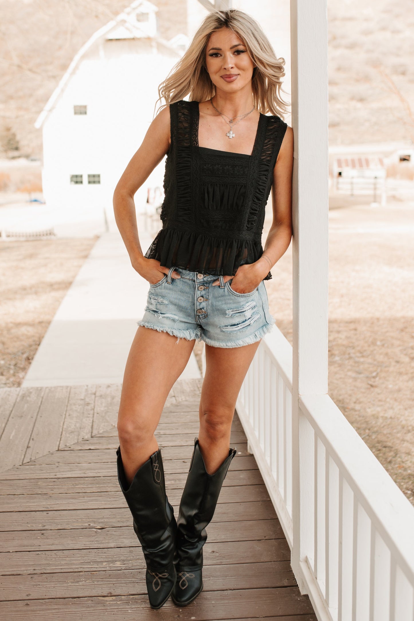 Evening Edit Lace Peplum Cap Sleeve Top (Black)