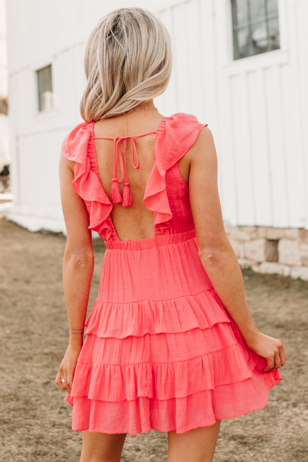 Buttercup Babe Deep V-Neck Ruffle Mini Dress (Coral Red)