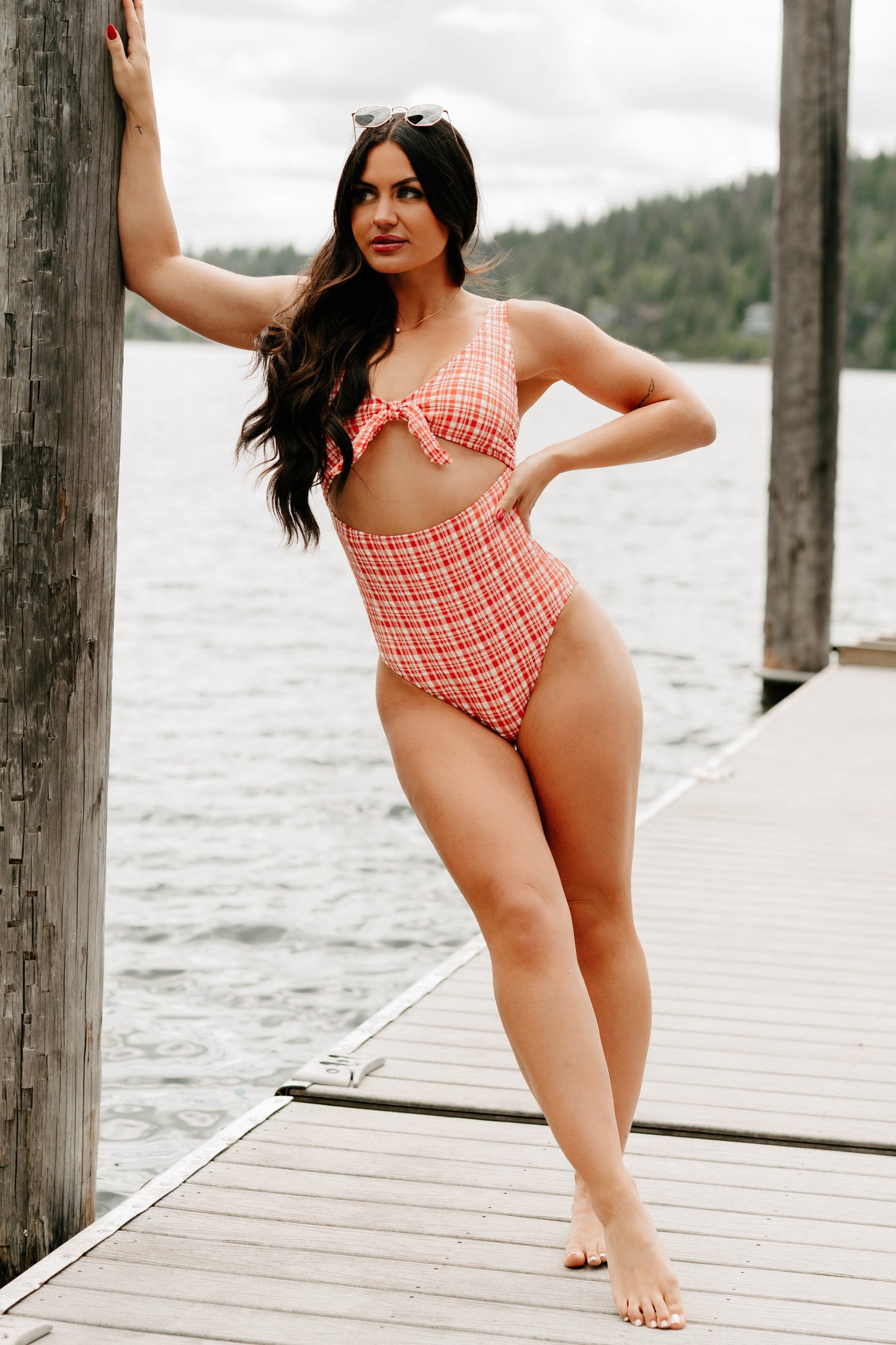 Never-Ending Summers Textured Cut-Out One Piece Swimsuit (Red Plaid)
