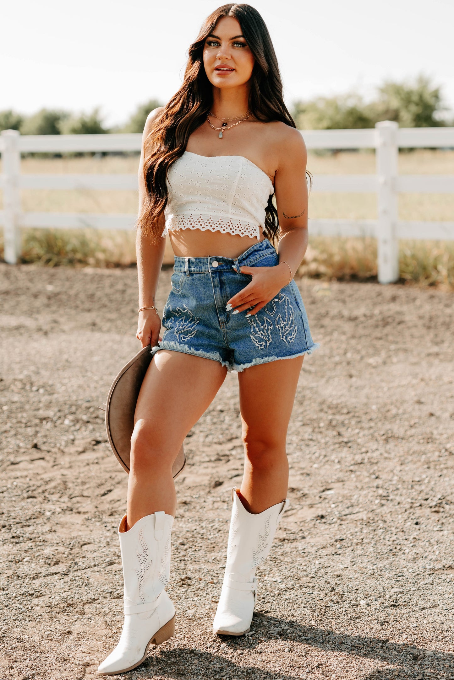 Crush Culture Crop Top Eyelet Skirt Set (White)