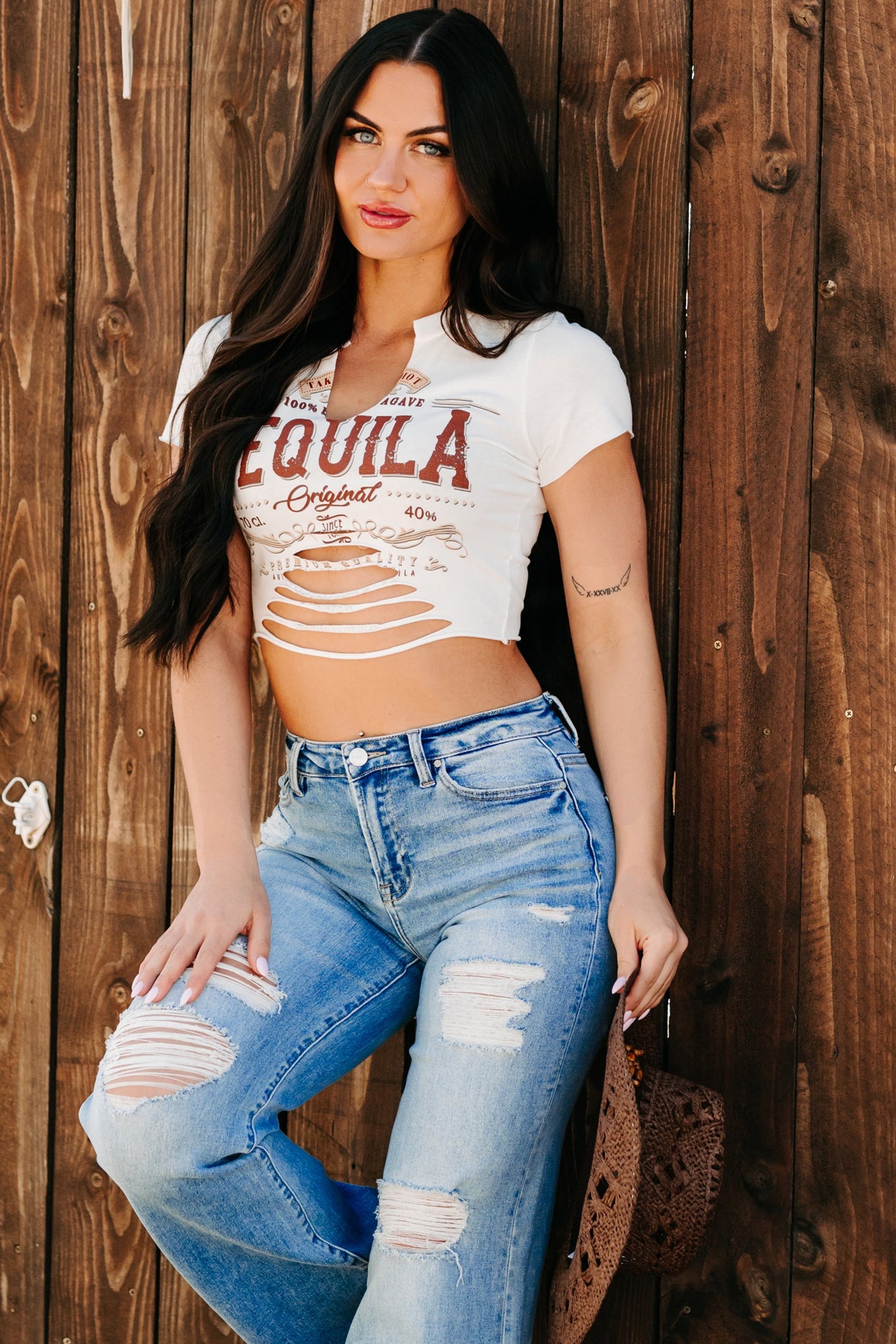 "Tequila Original" Distressed Graphic Crop Tee (Ivory)