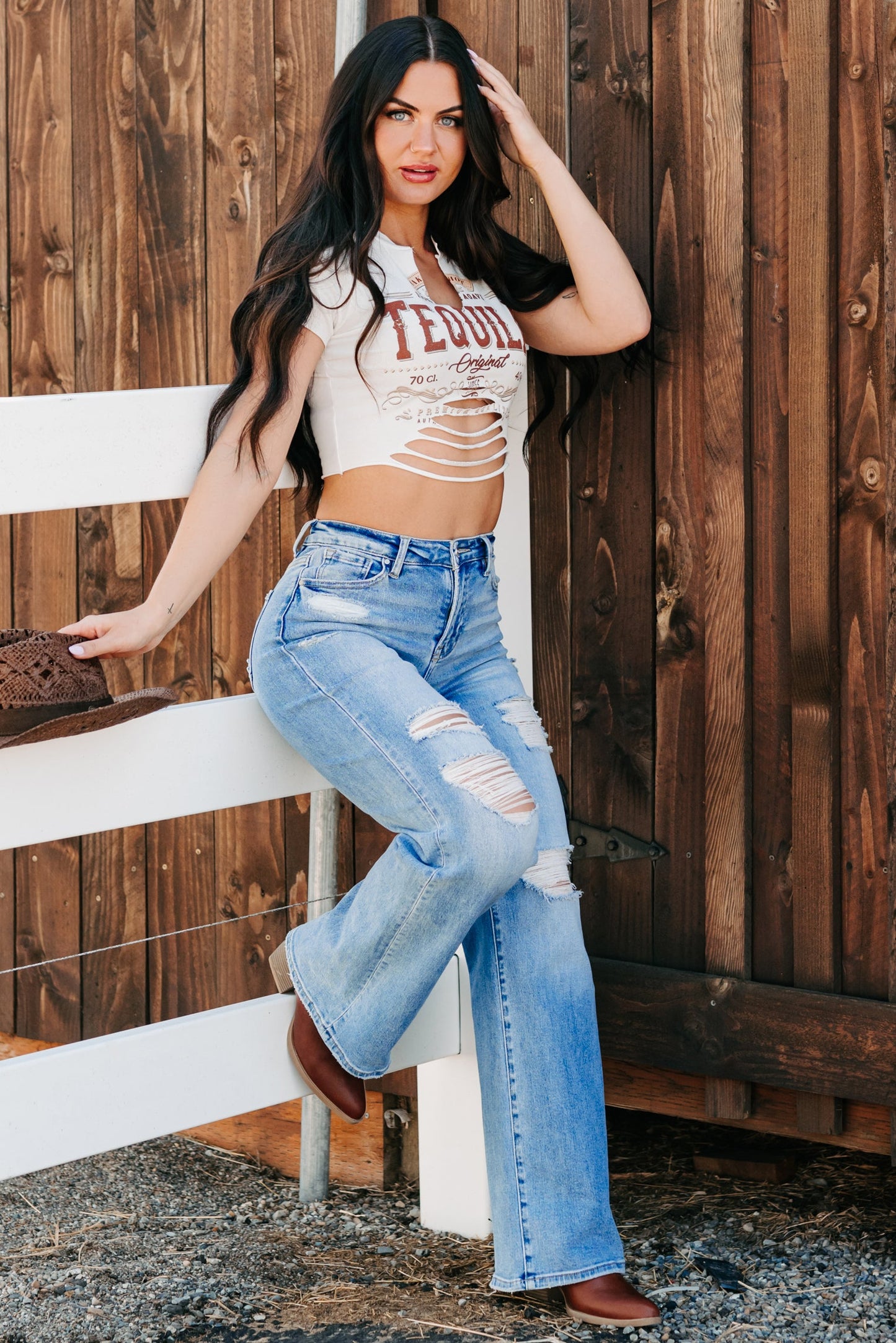 "Tequila Original" Distressed Graphic Crop Tee (Ivory)