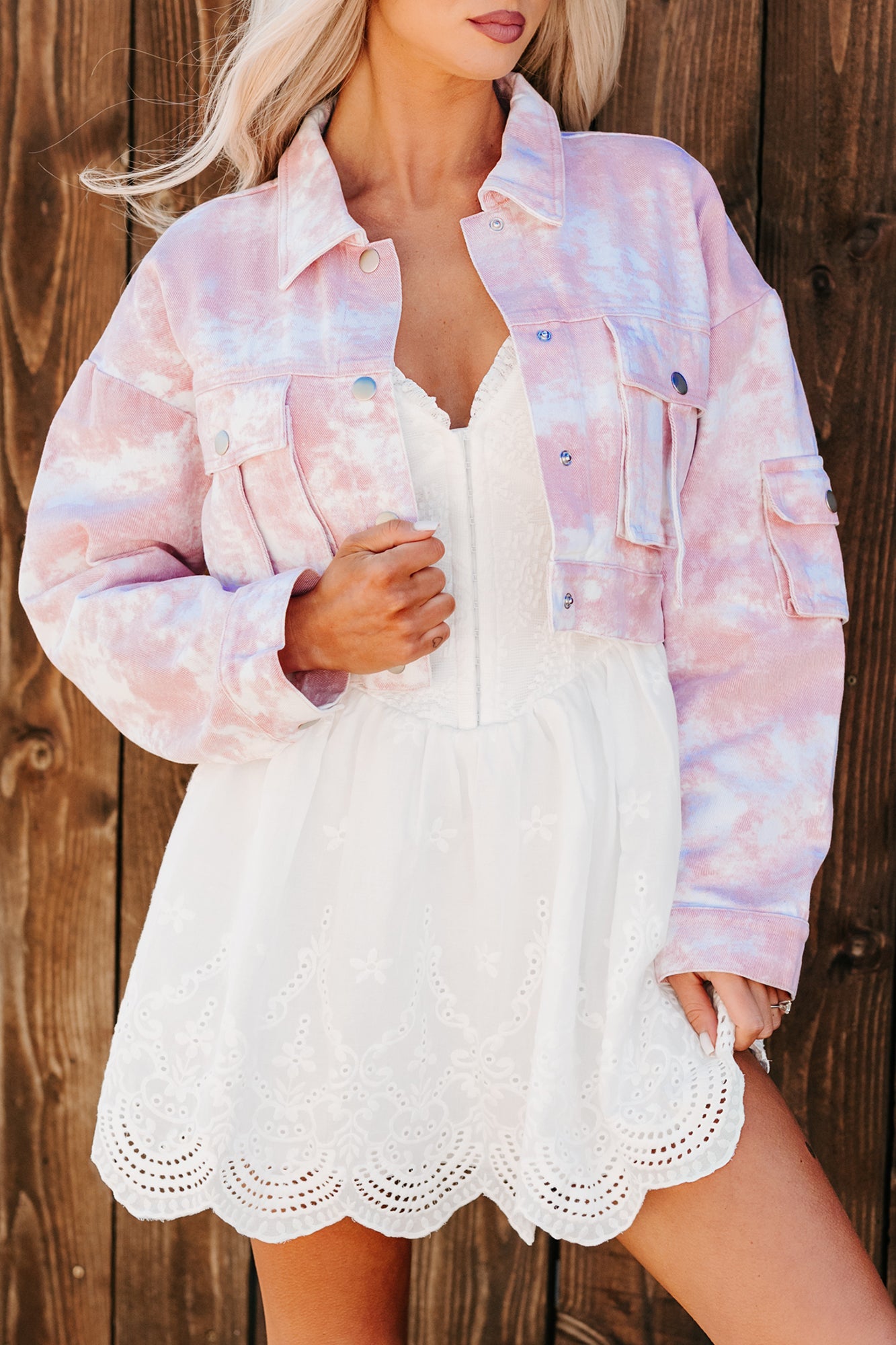 Live Refined Tie-Dye Crop Denim Jacket (Pink)