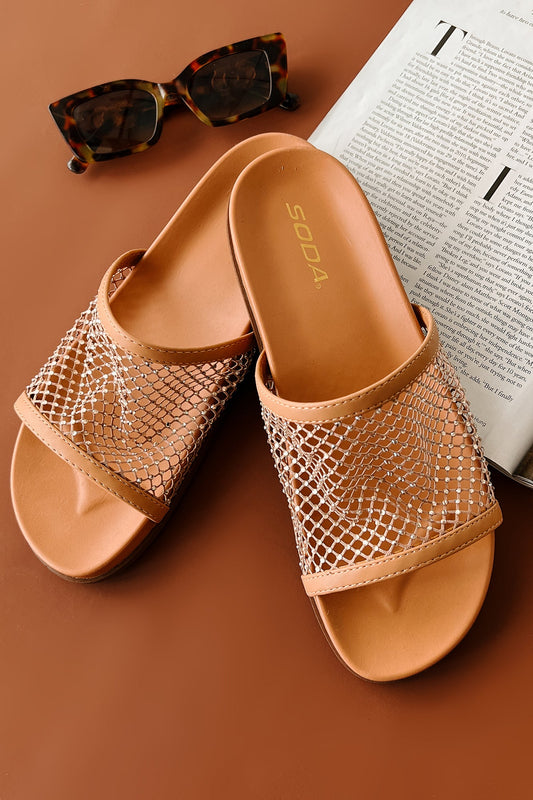 Shine On You Rhinestone Mesh Slide Sandals (Tan)