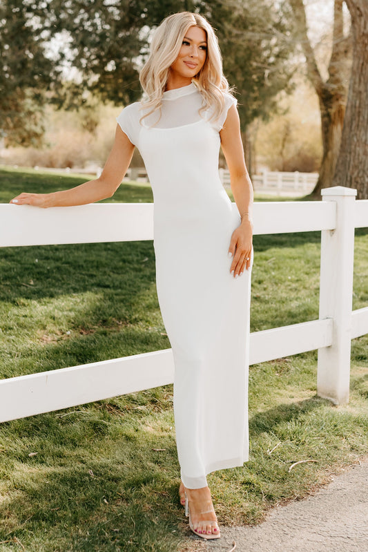 Wish You Were Here Mesh Mock Neck Maxi Dress (Ivory)