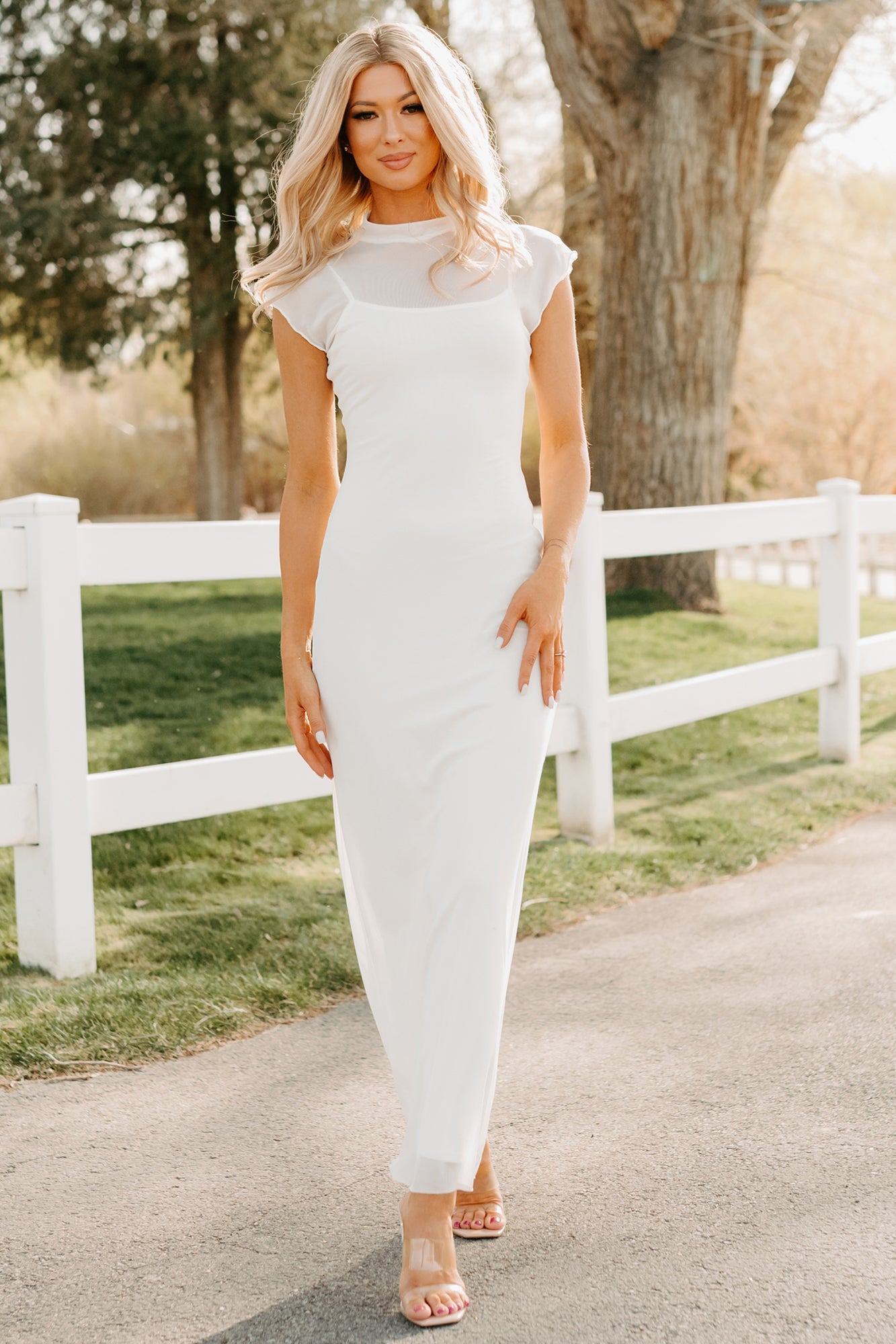 Wish You Were Here Mesh Mock Neck Maxi Dress (Ivory)