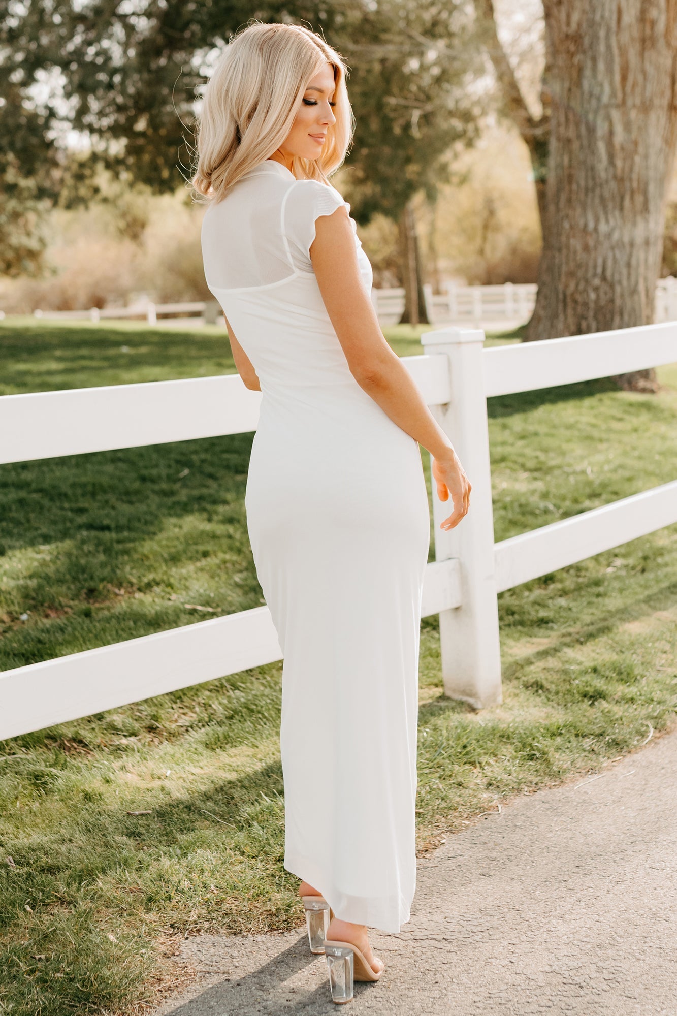 Wish You Were Here Mesh Mock Neck Maxi Dress (Ivory)