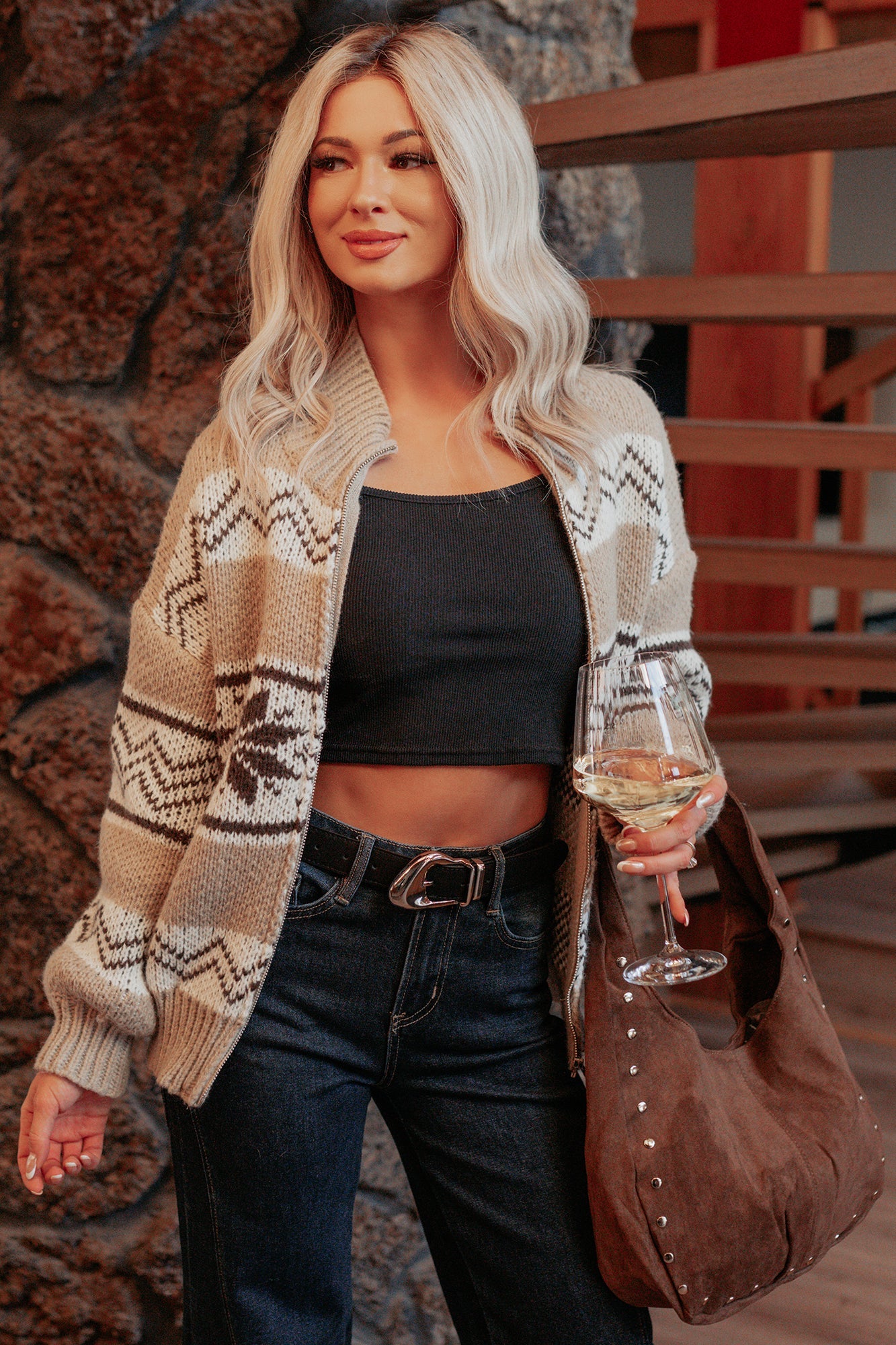 Easy Layers Cable Knit Fair Isle Jacket (Brown/White)