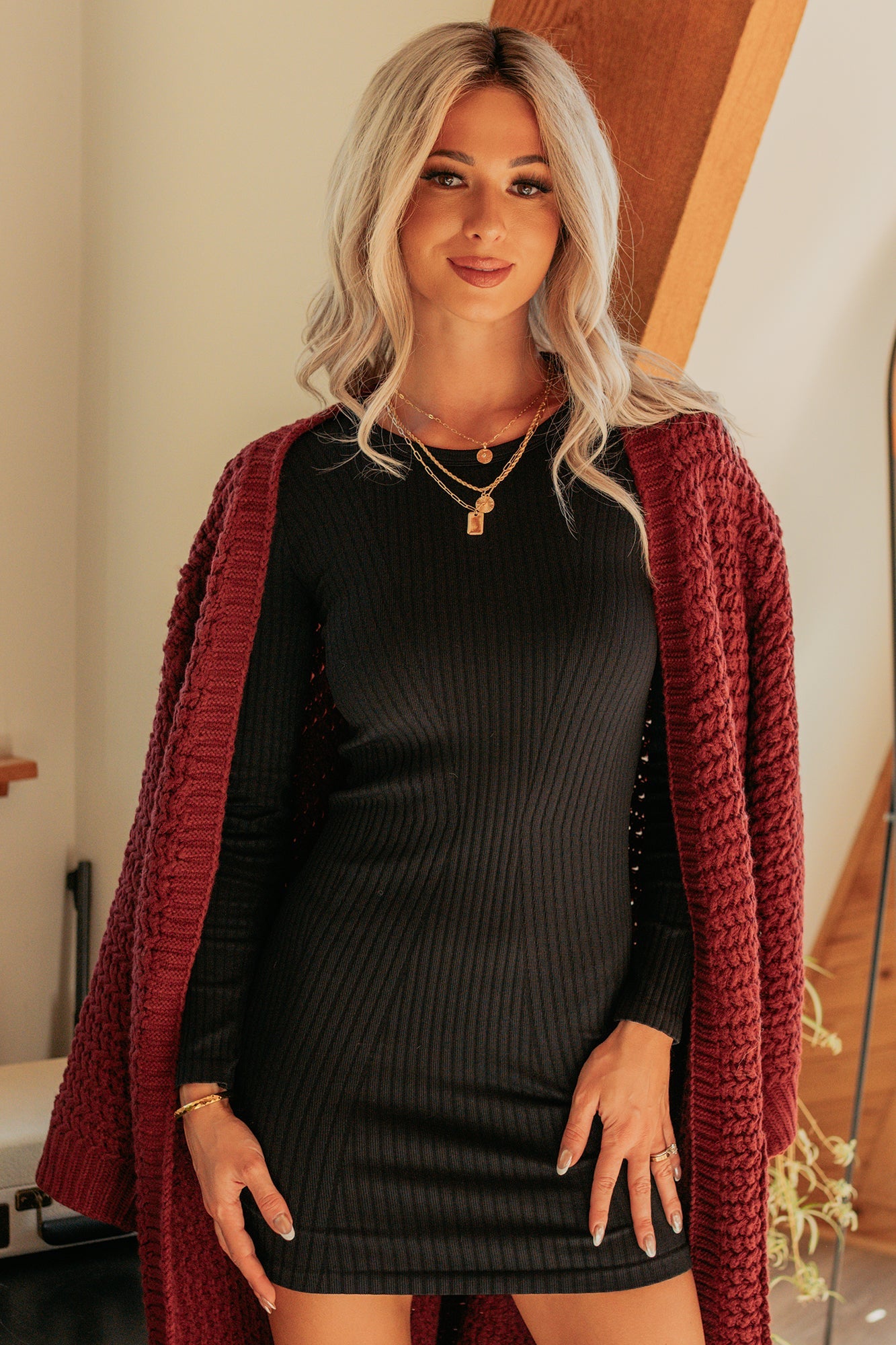 Still Dreaming Cable Knit Long Cardigan (Bordeaux)