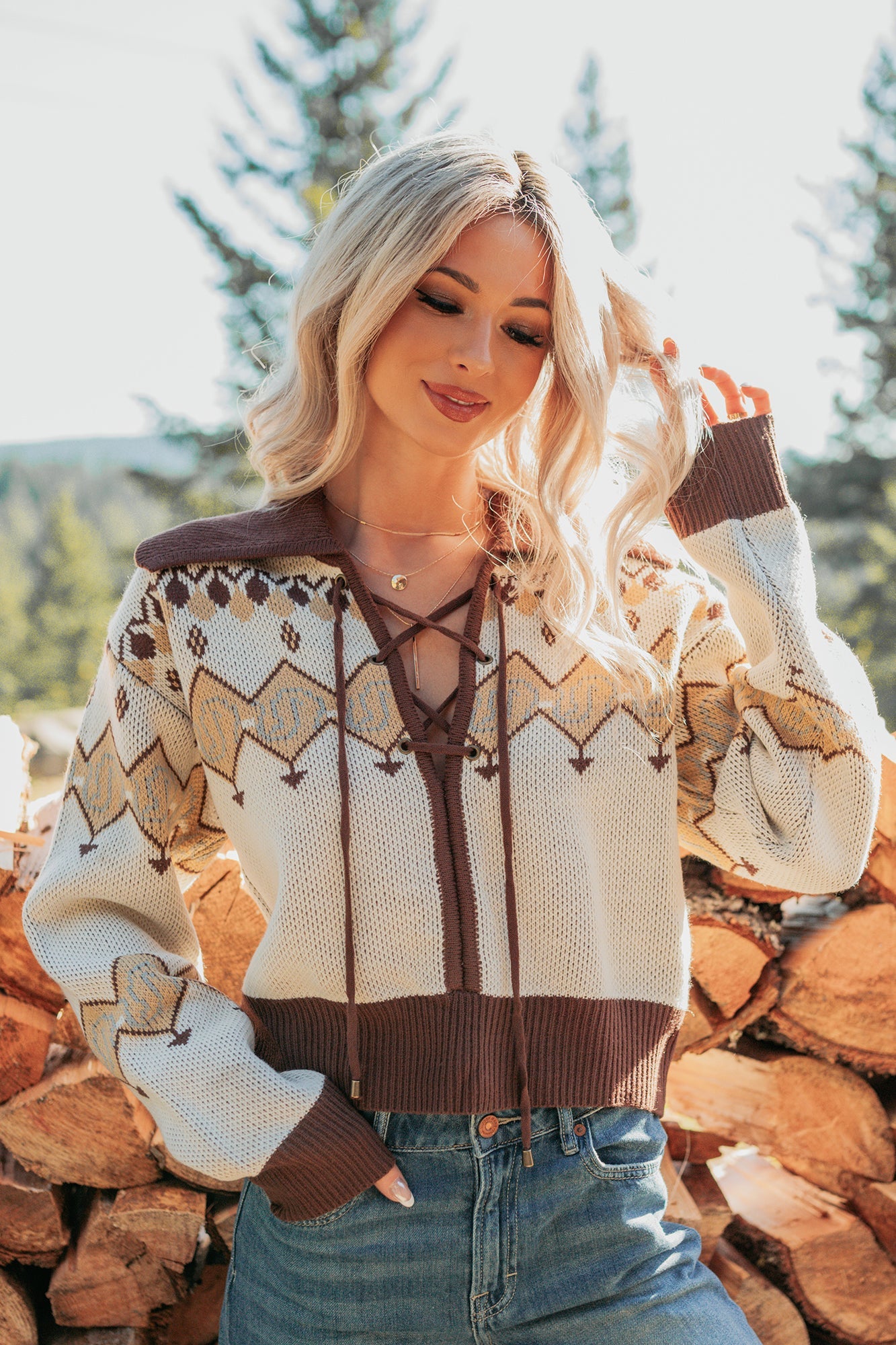Don't Overthink It Aztec Front Tie Sweater (Cream/Mix)