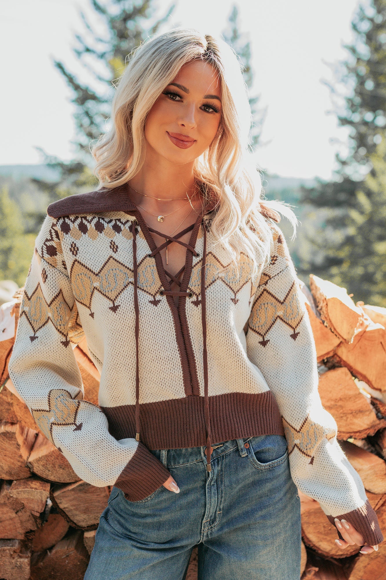 Don't Overthink It Aztec Front Tie Sweater (Cream/Mix)