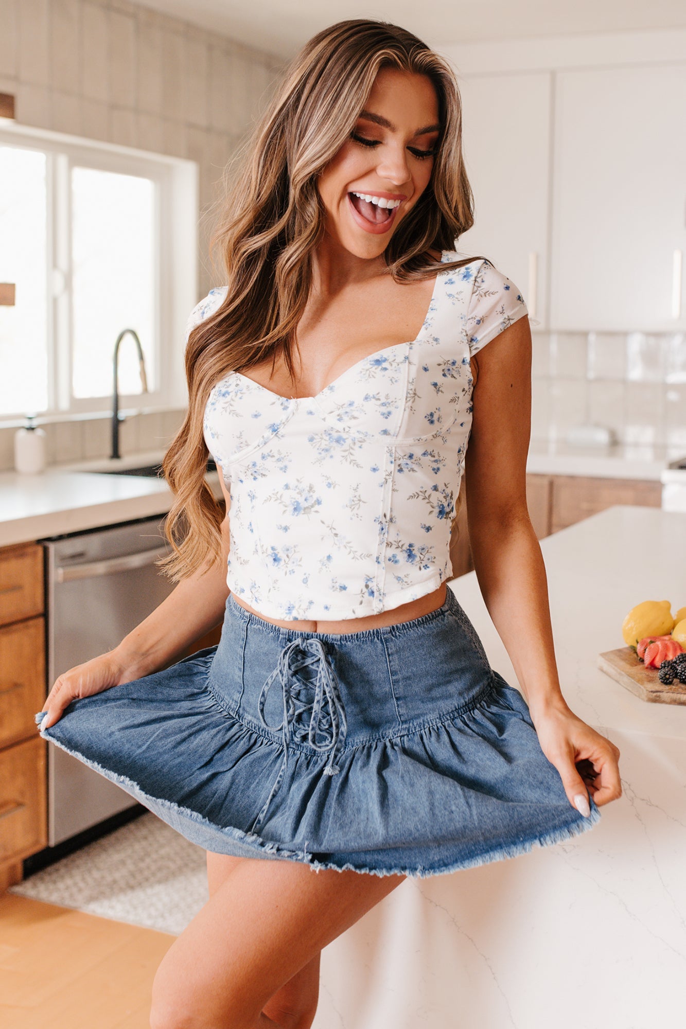 Flirty Flair Printed Cap Sleeve Top (White/Blue Floral)