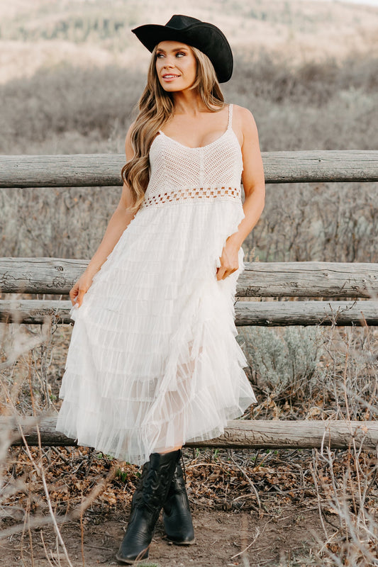 Sunlit Serenity Crochet Ruffle POL Dress (Natural)