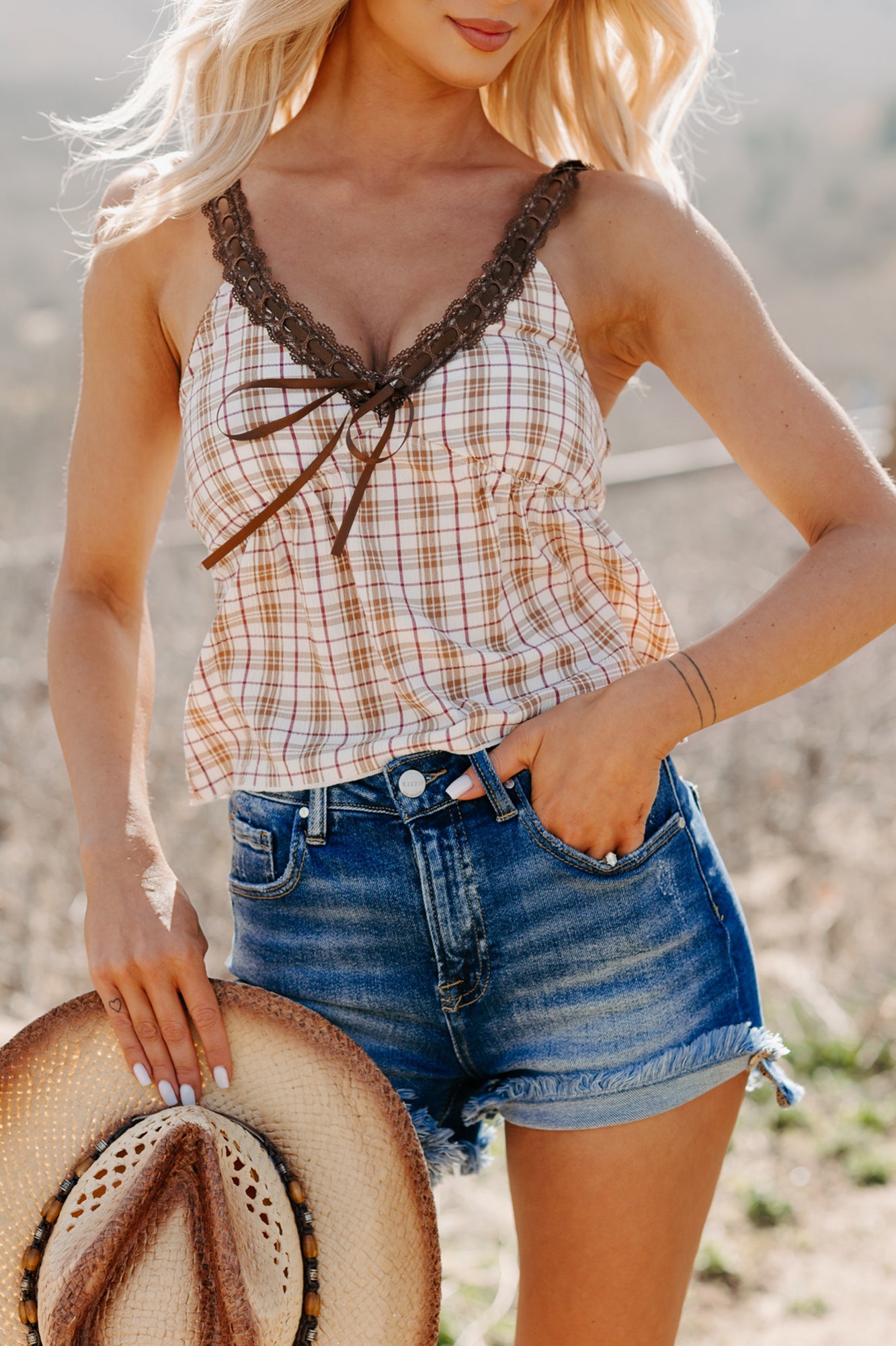 Girly & Dreamy Plaid Tank Top (Cream/Brown)