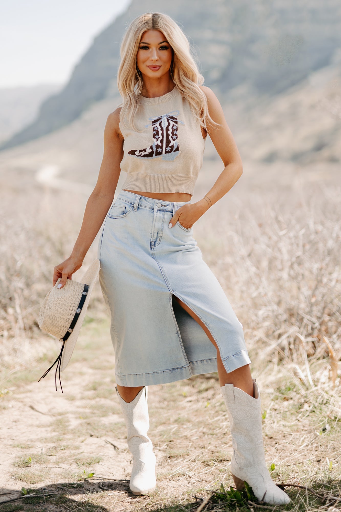 Skirtin' Around High Rise Denim Midi Skirt (Light)