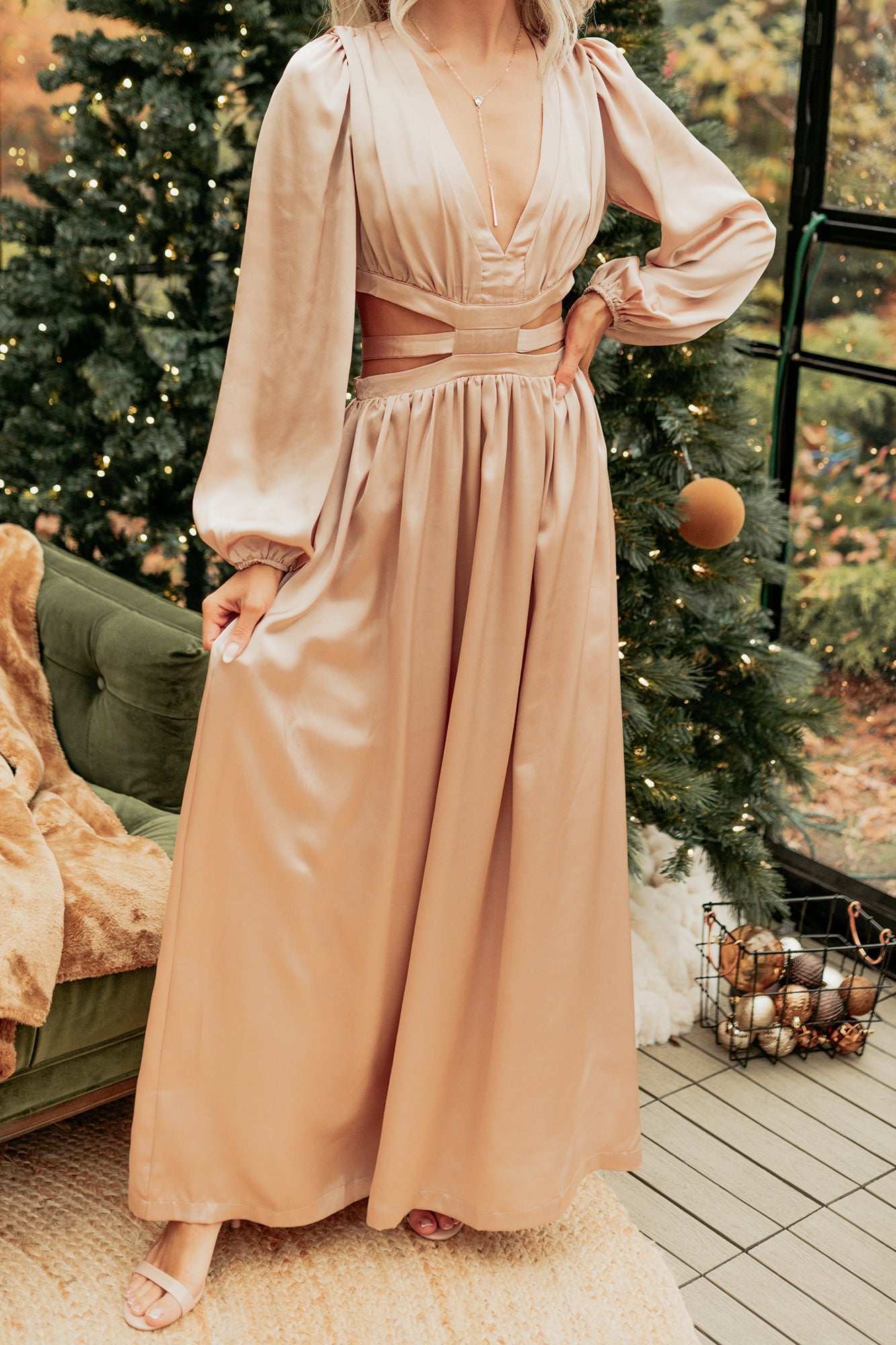 Pure Glamour Long Sleeve Satin Maxi Dress (Gold)