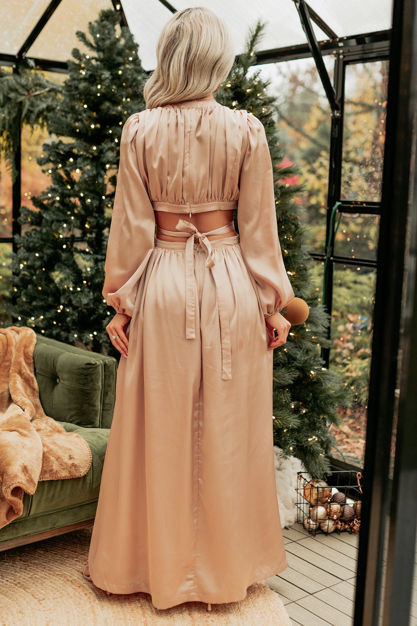 Pure Glamour Long Sleeve Satin Maxi Dress (Gold)